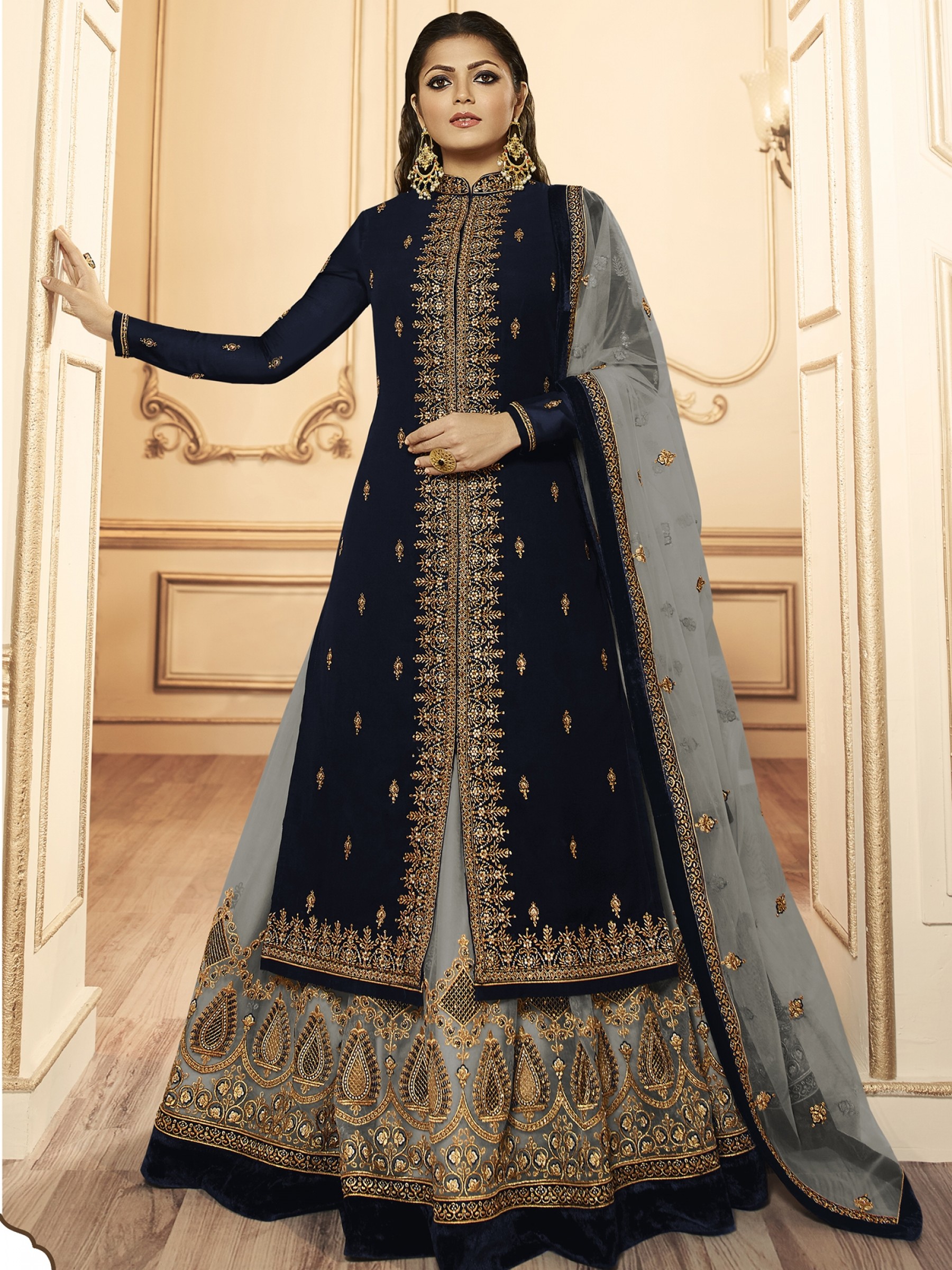 Georagette With Soft premium Net  Readymade Lehenga In Navy Blue & Grey  With Embroidery 