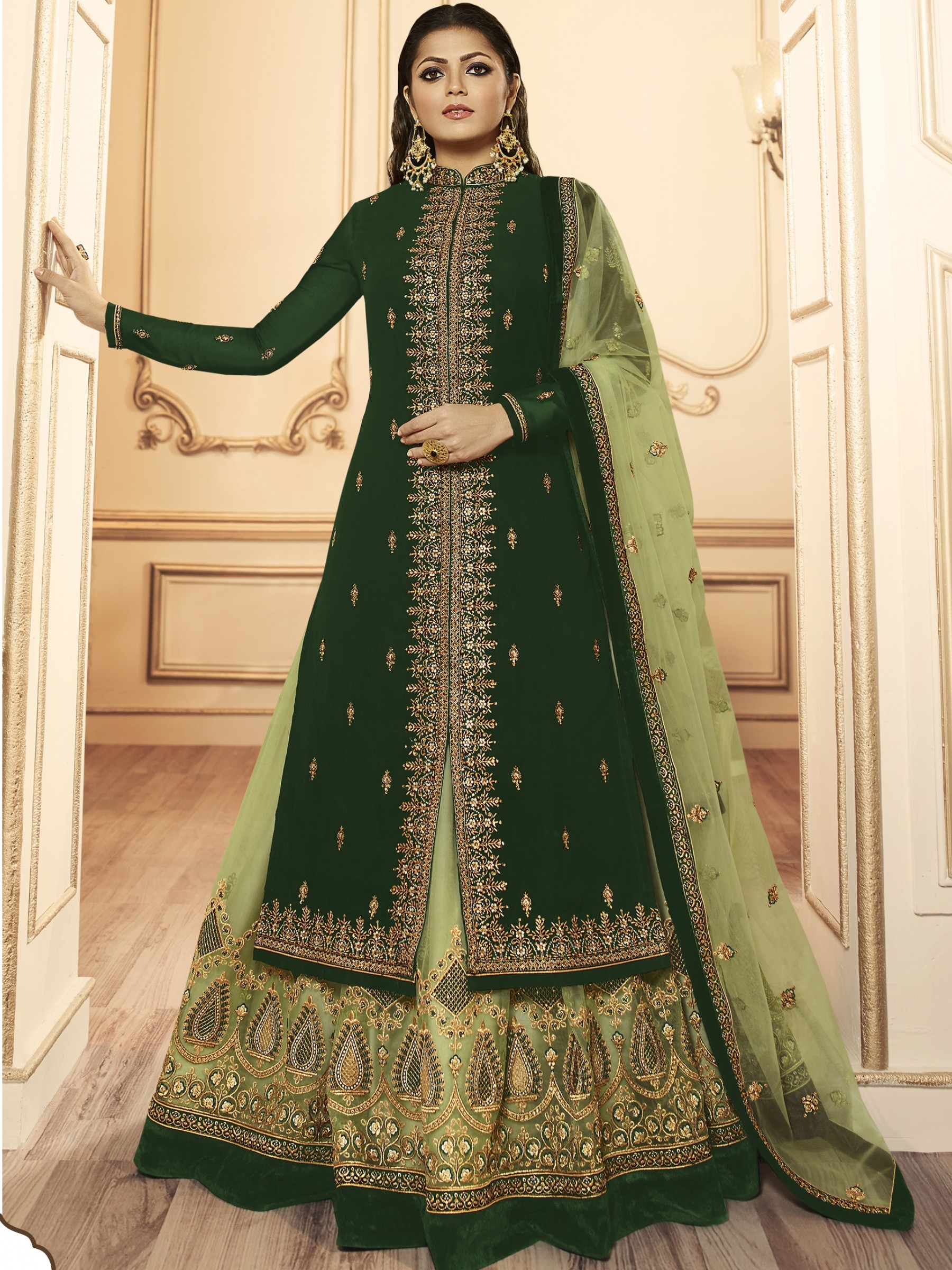 Georagette With Soft premium Net Readymade Lehenga In Green & Light Green  With Embroidery 