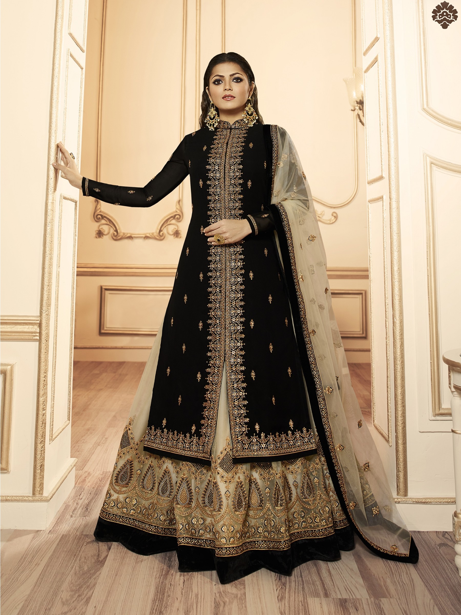  Georgette With Soft Premium Net  Party Wear Readymade Lehenga  In Black & Beige Color With Embroidery