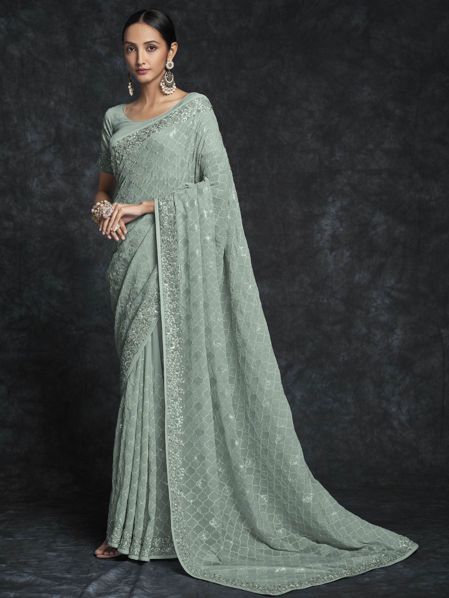 Soft Georgette  Saree In Sea Blue Color With Embroidery Work