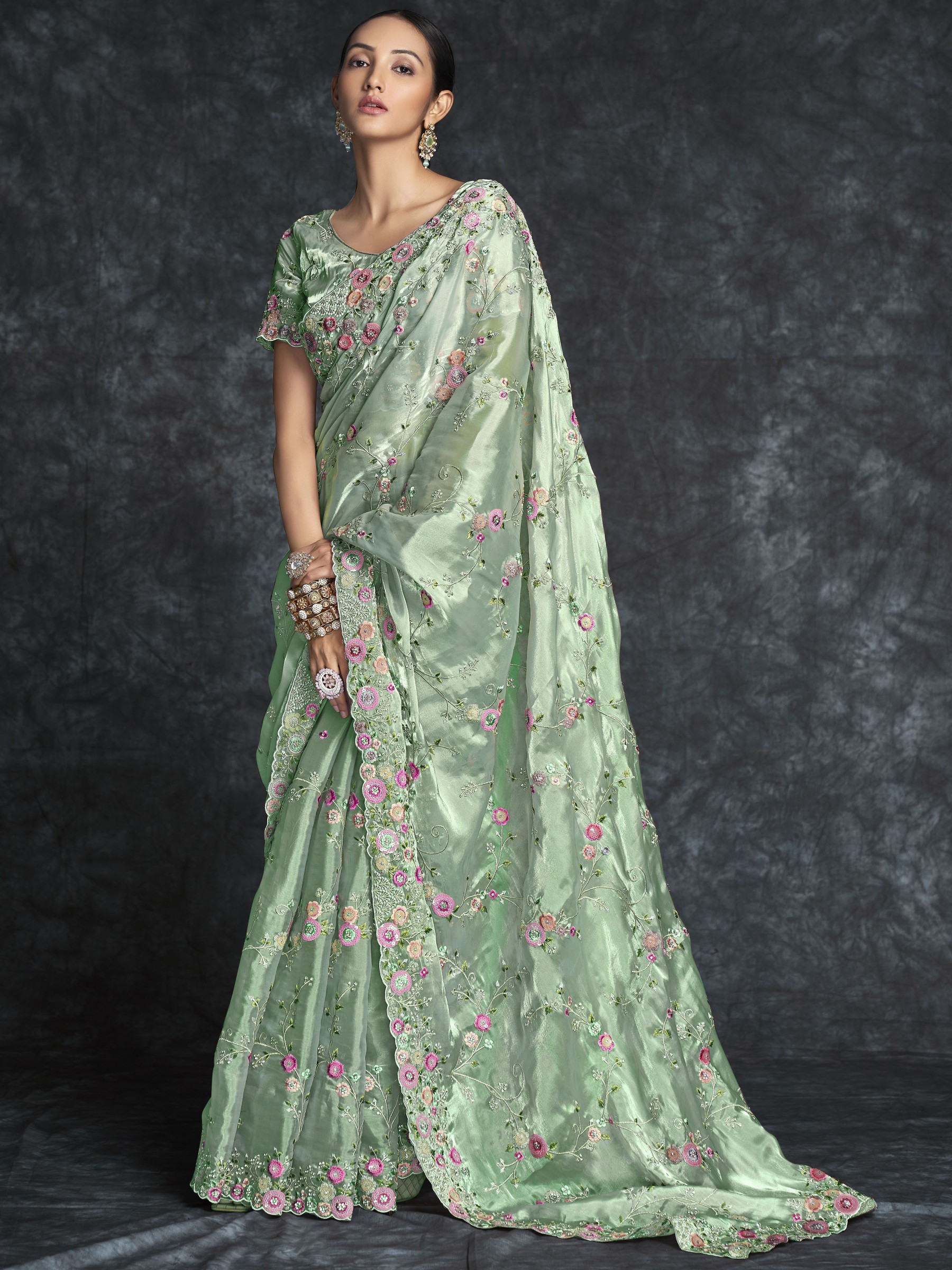 Organza Saree In Green Color With Embroidery Work