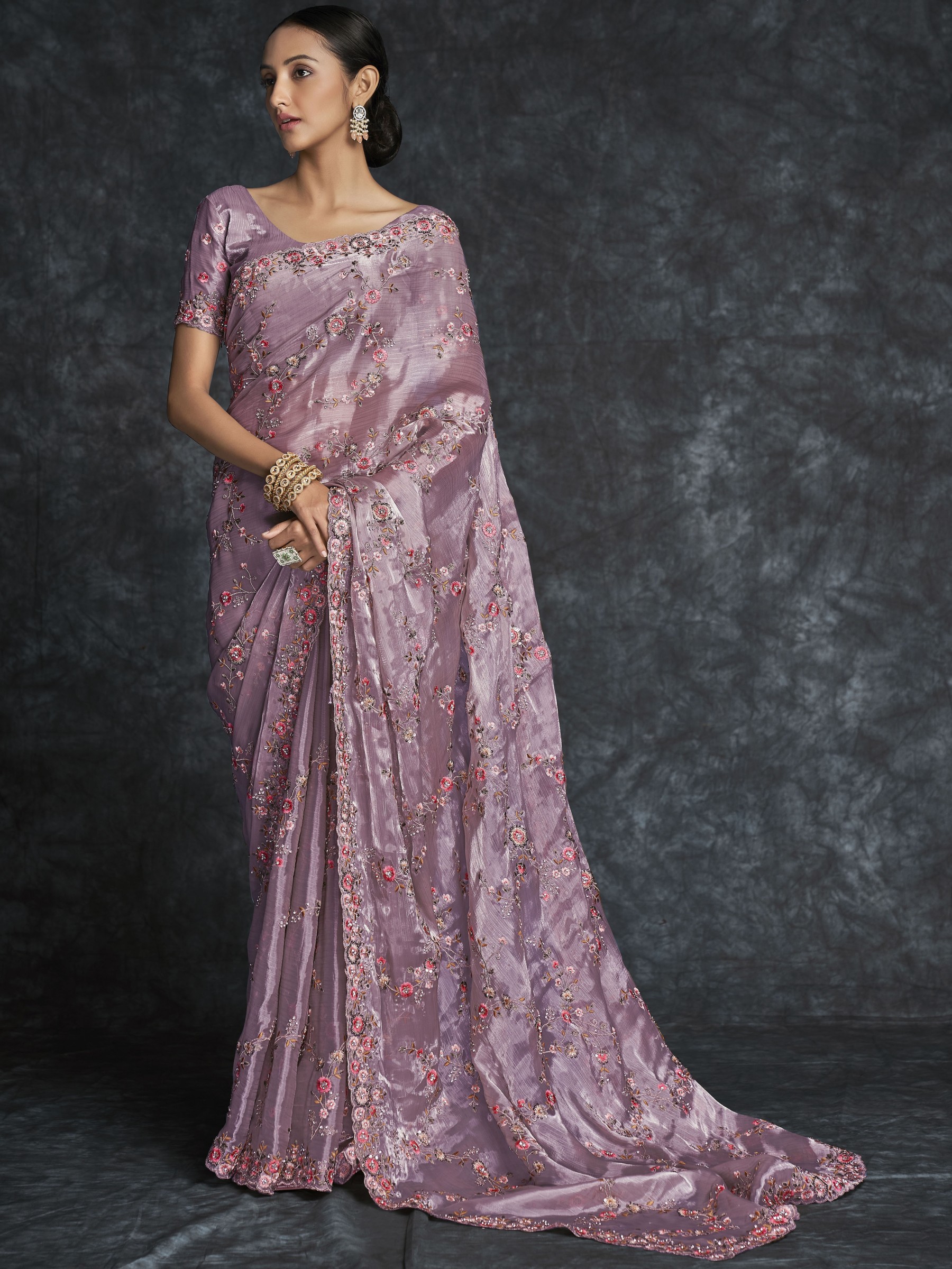 Organza Saree In Lilac Color With Embroidery Work