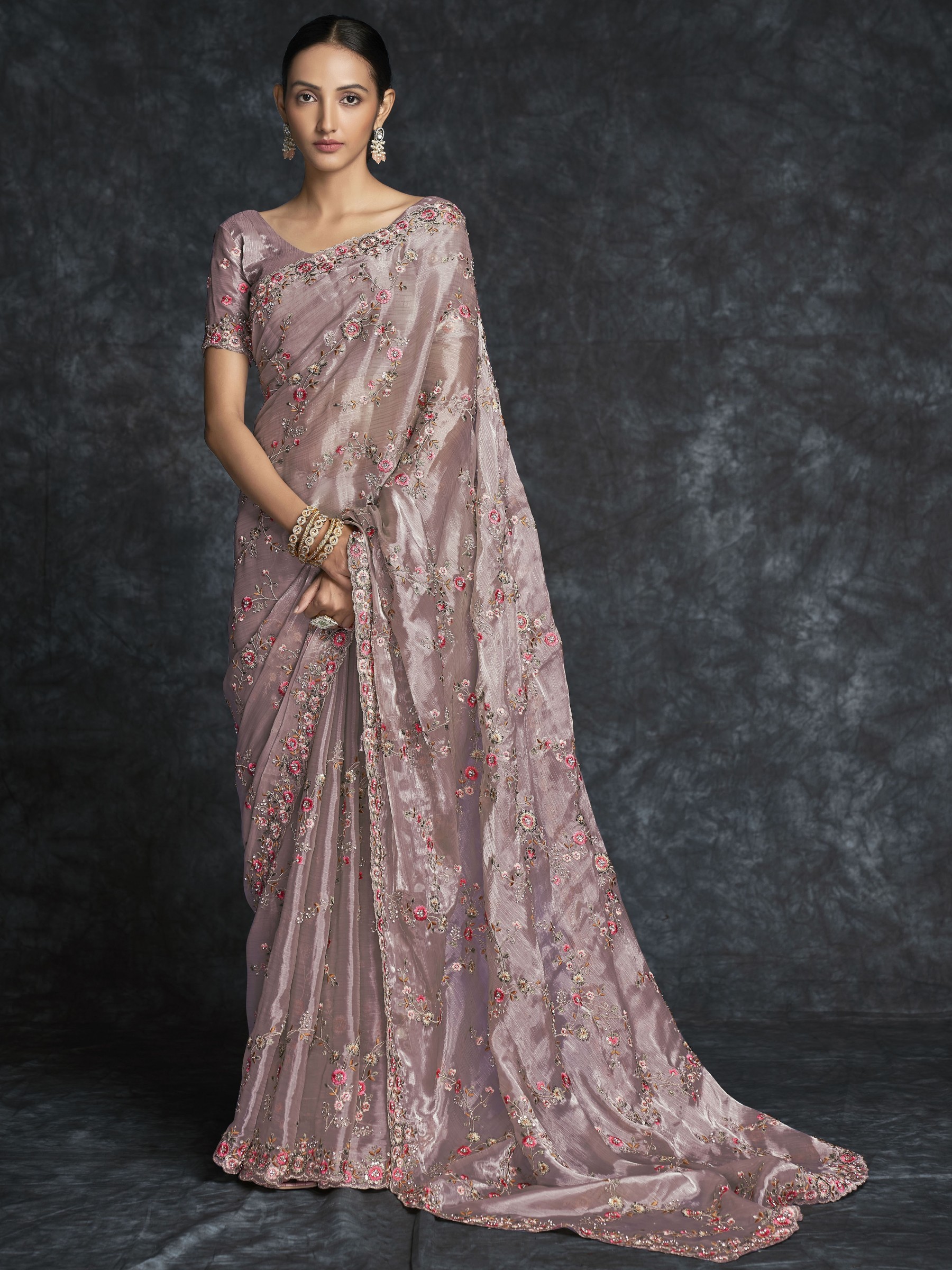 Organza Saree In Light Pink Color With Embroidery Work