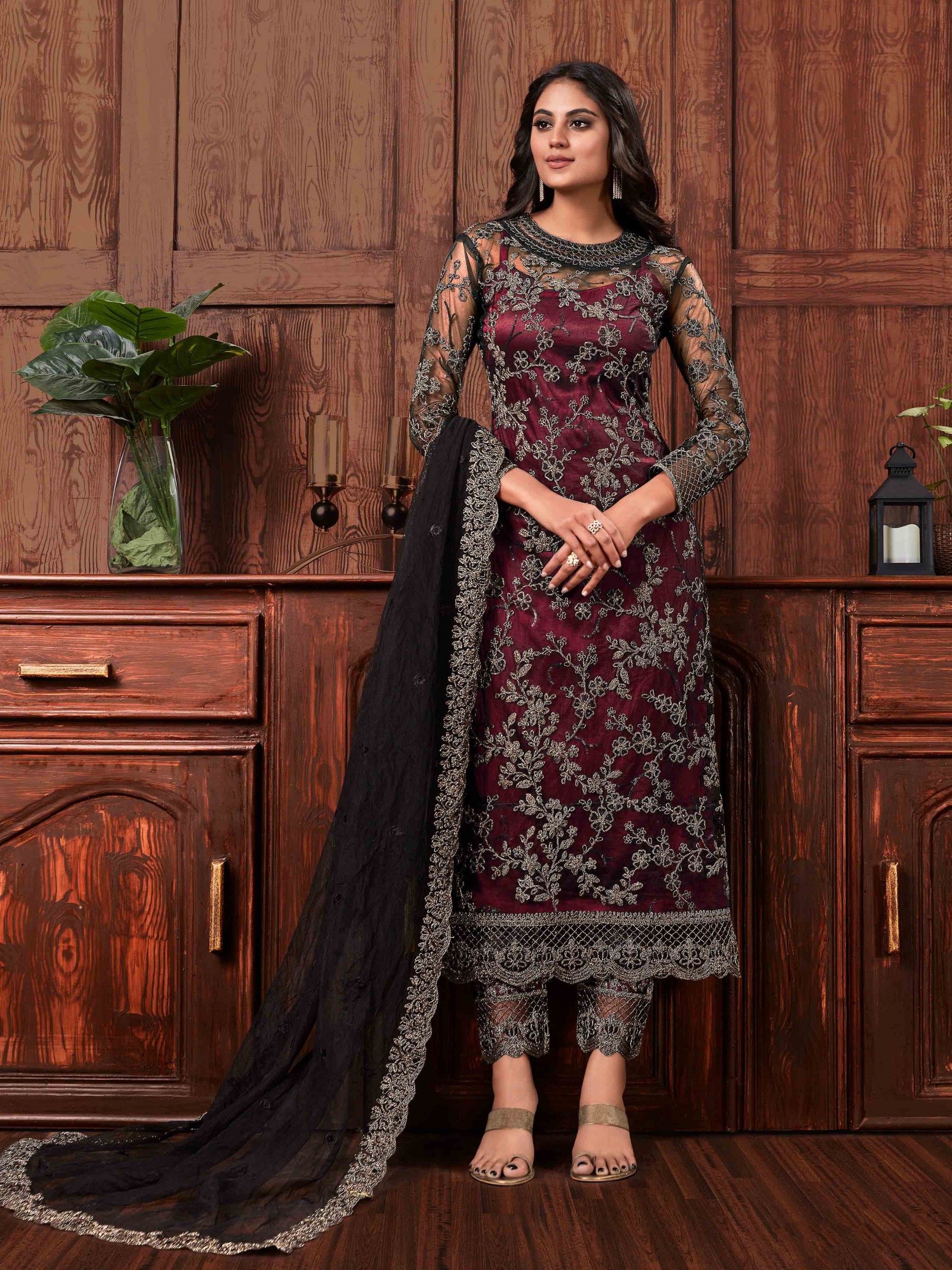 Butterfly Net Fabric Party Wear Readymade Suit In Black & Maroon Color With Embroidery 