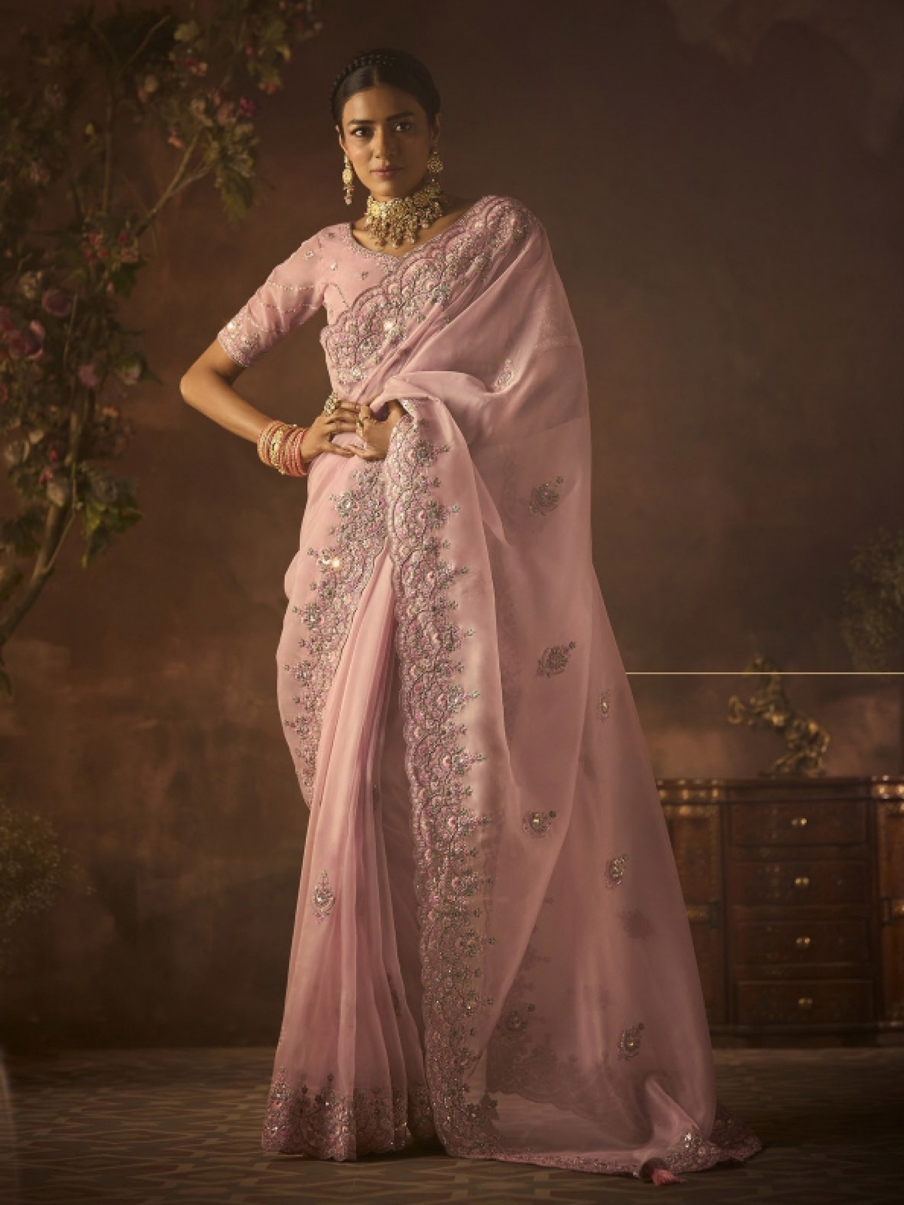Fancy Silk Fabric Party wear Saree In Peach Color with Embroidery Work 