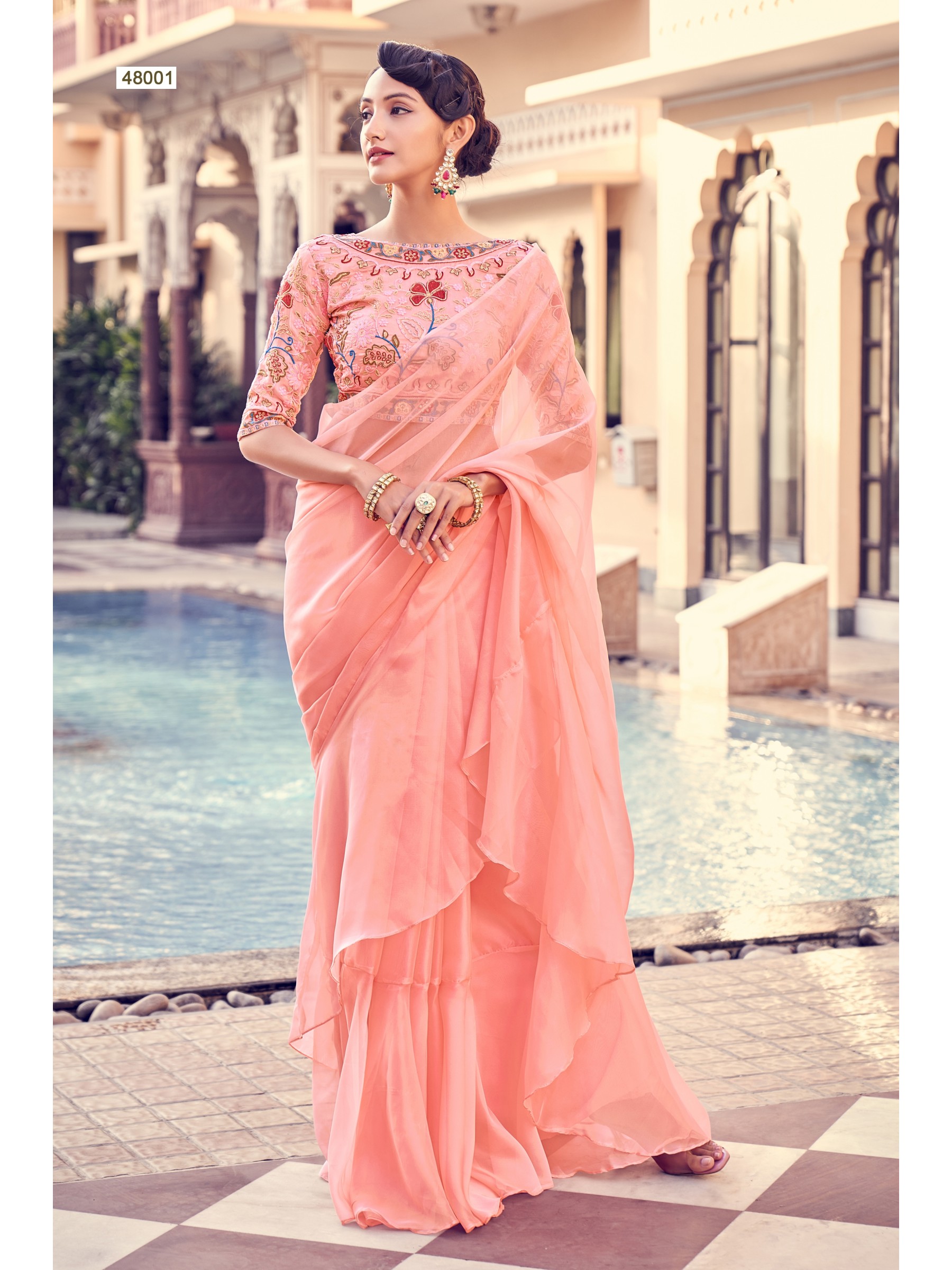 Organza Saree In Peach Color With Embroidery Work