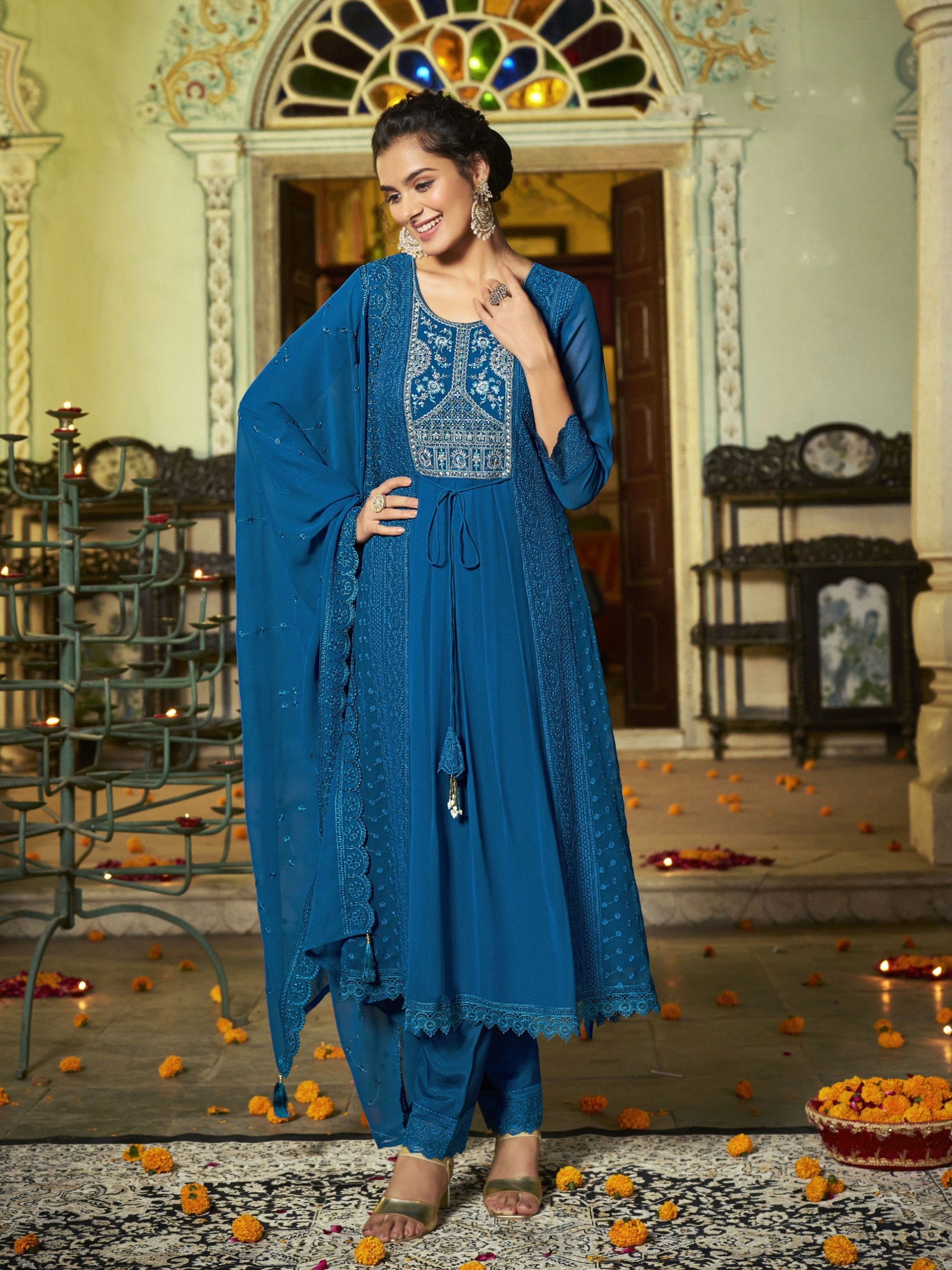Georgette Fabric Party Wear Suit In Blue Color With Embroidery Work 