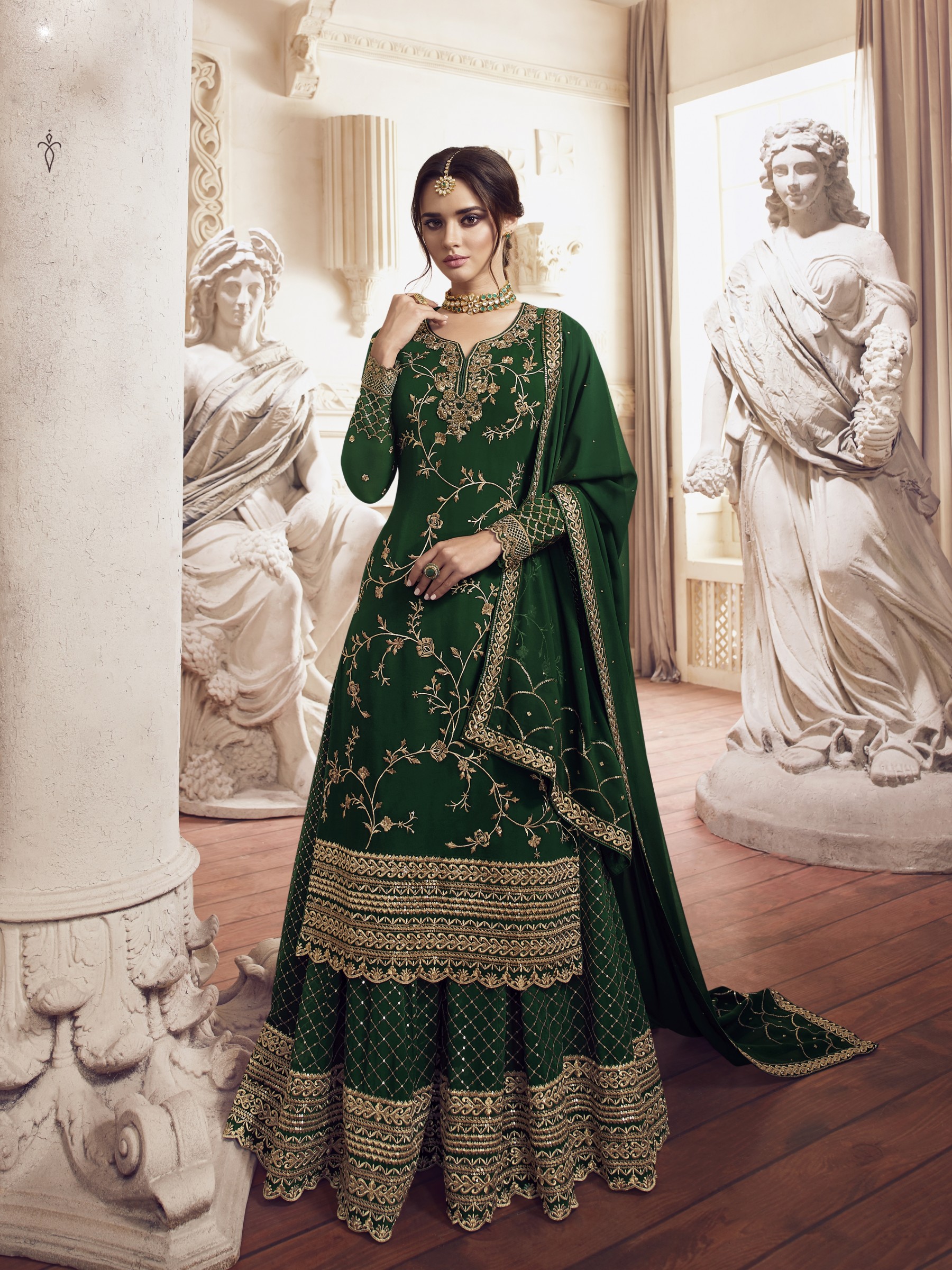 Georgette  Sharara In Green  With Embroidery 