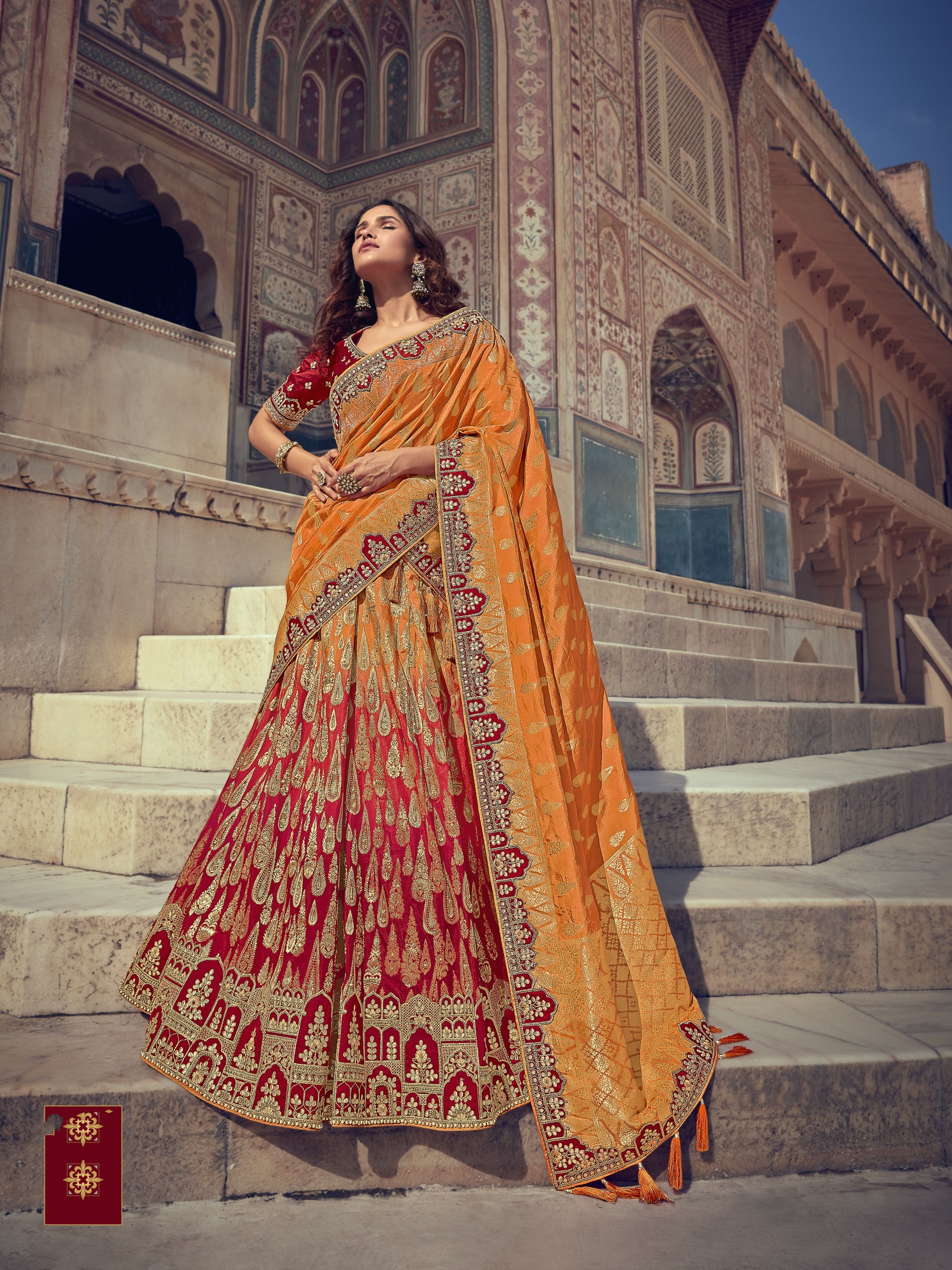 Pure Banarasi Silk Wedding Lehenga in Red & Mustard  Color With Embroidery  work