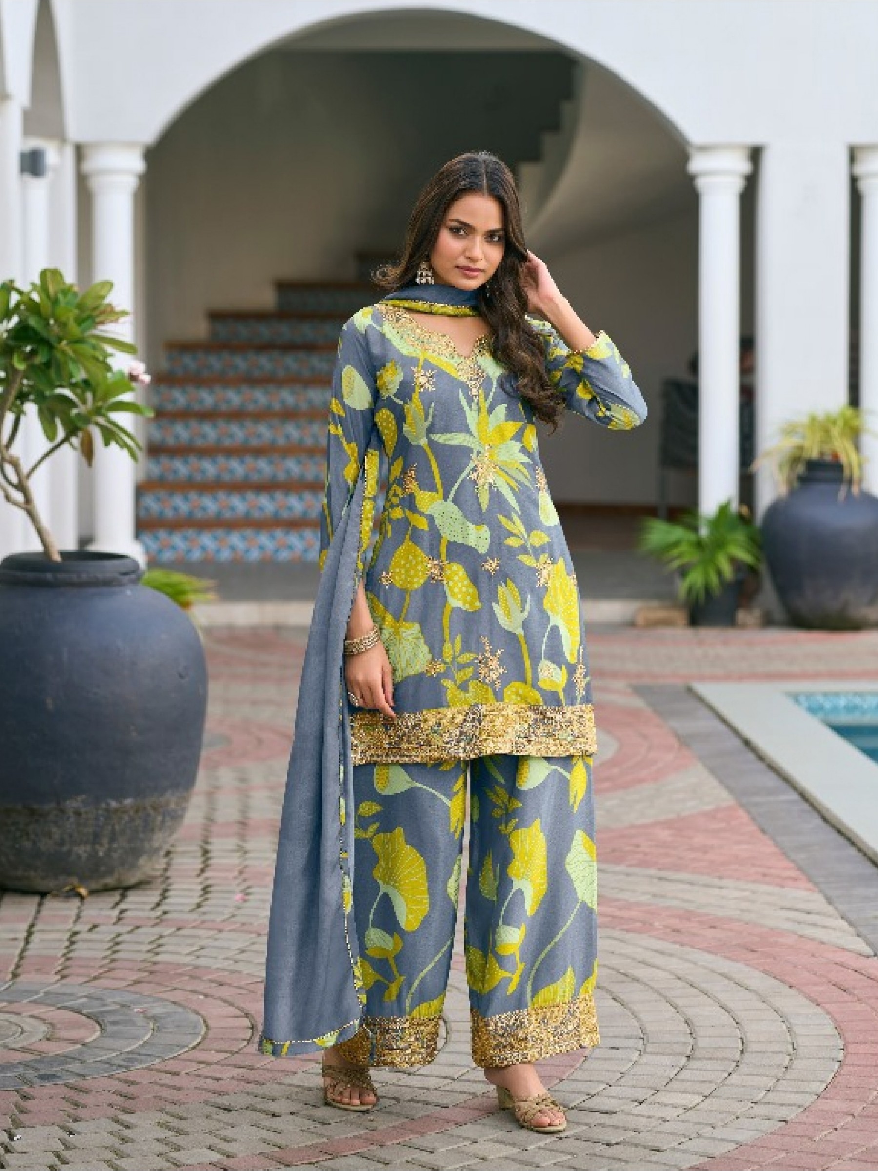 Pure Chinon Silk Party Wear Sharara In Grey Color with Embroidery Work