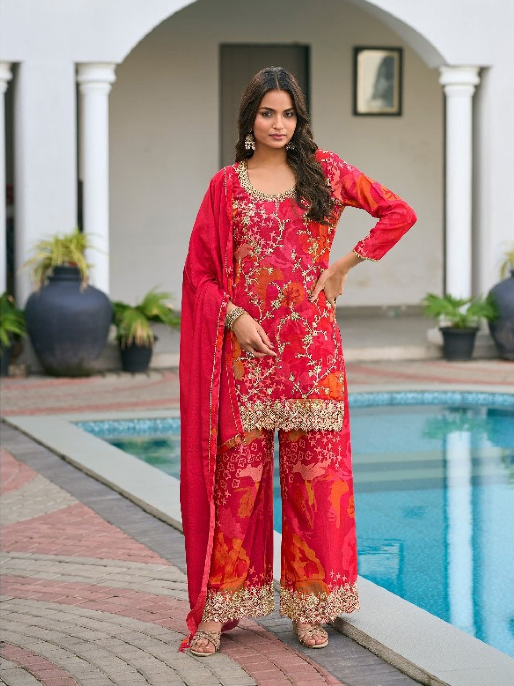 Pure Chinon Silk Party Wear Sharara In Grey Color with Embroidery Work