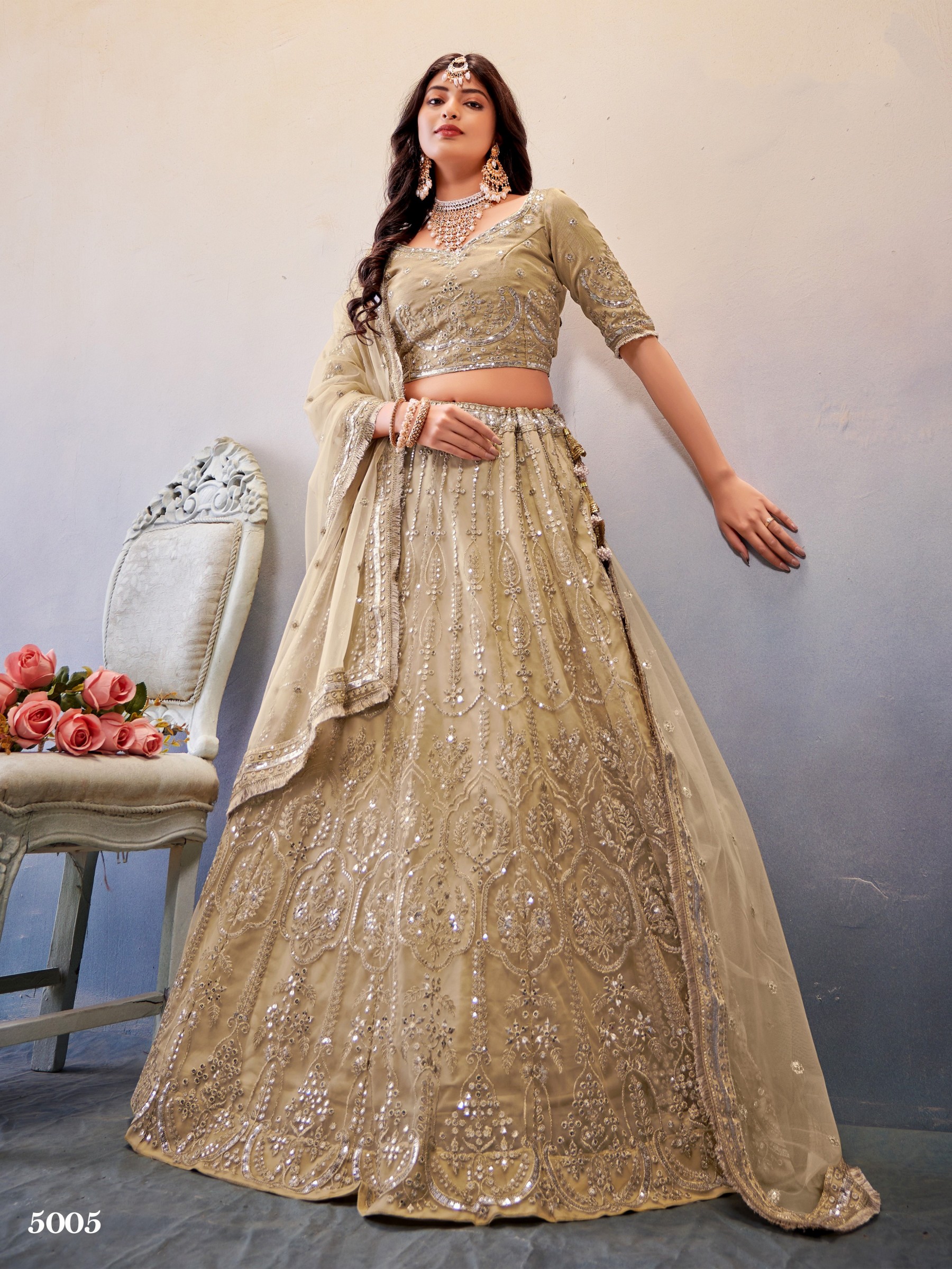  Soft Premium Net  Party Wear Lehenga In Beige With Embroidery Work