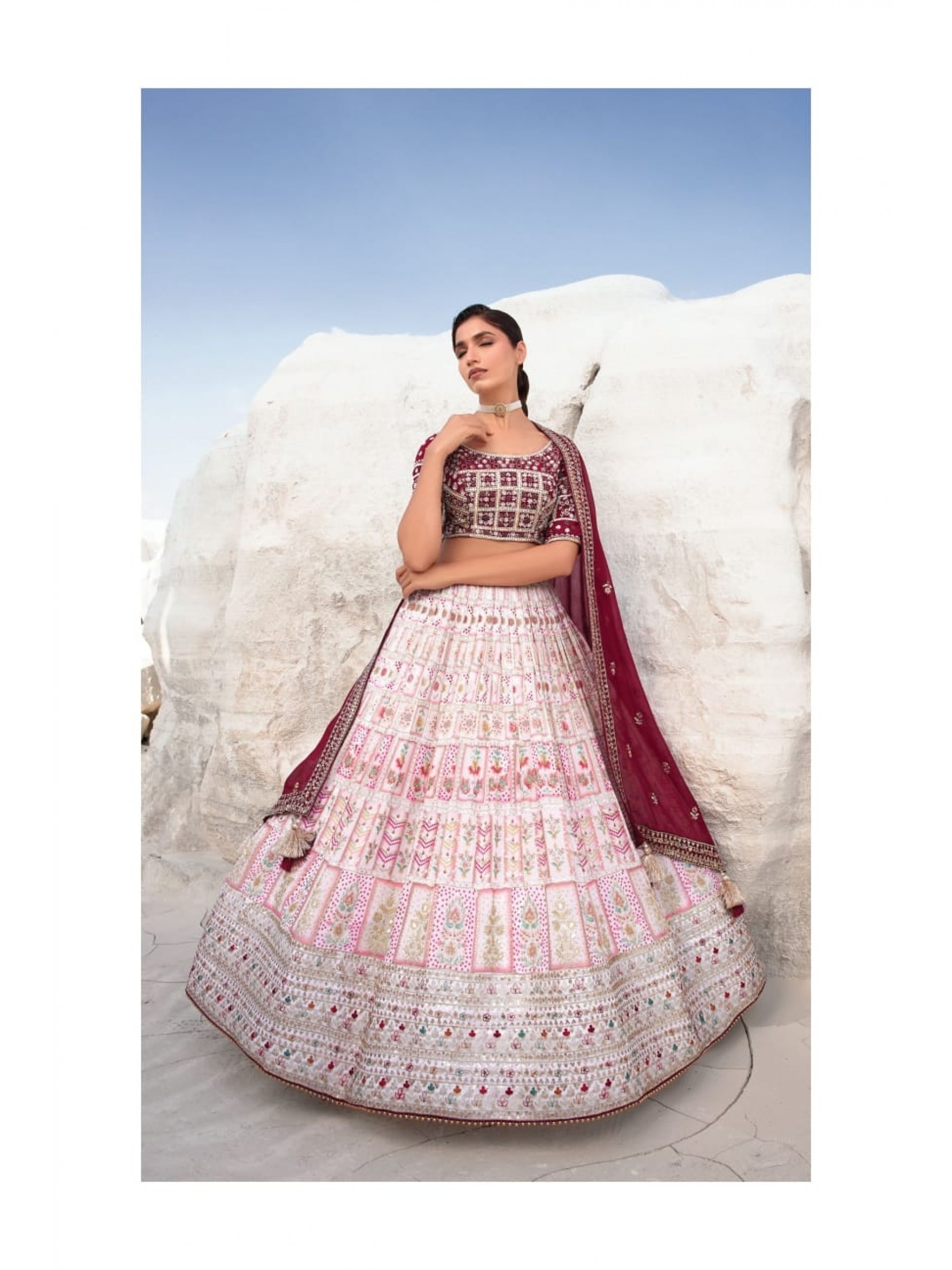 Georgette  Wedding Wear Lehenga In Maroon & White Color  With Embroidery Work