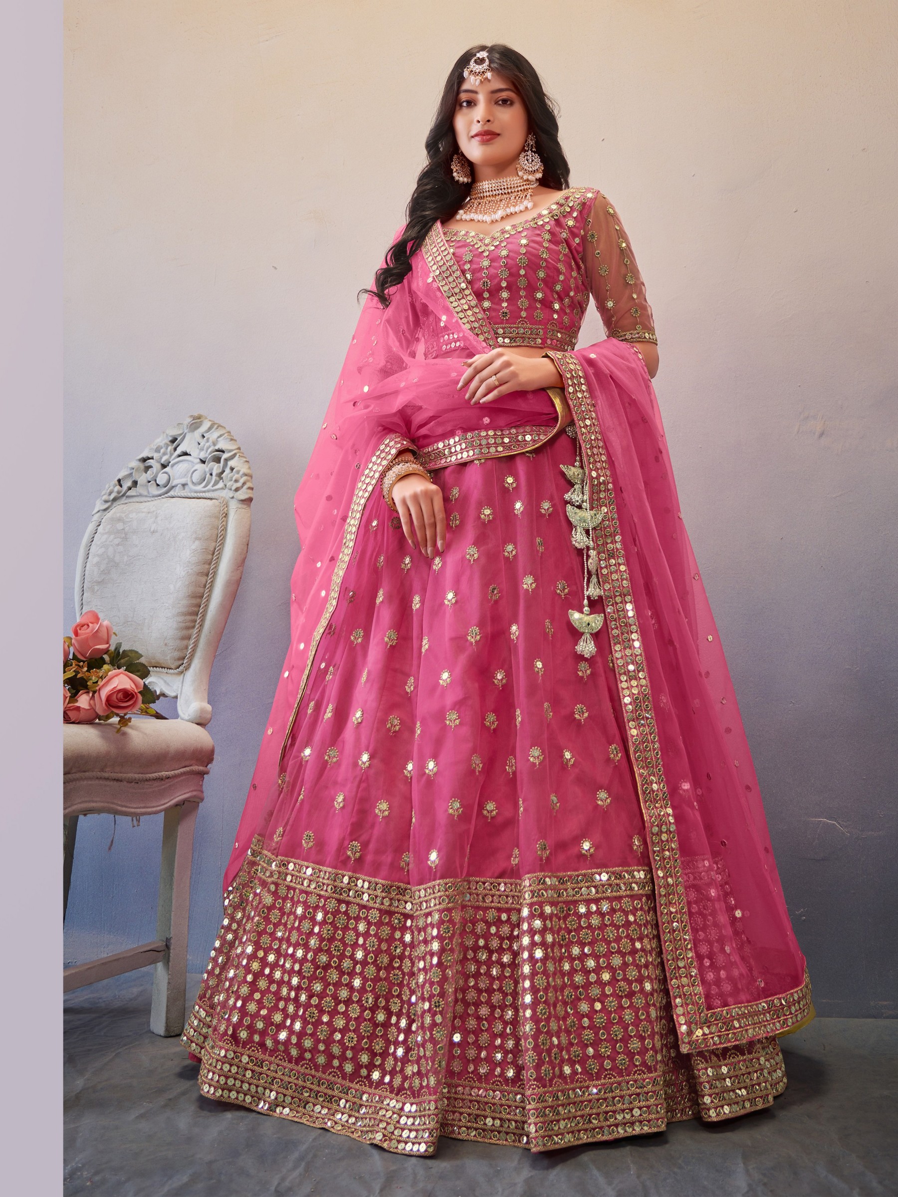 Soft Premium Net  Party Wear Wear Lehenga In Pink Color With Embroidery Work 
