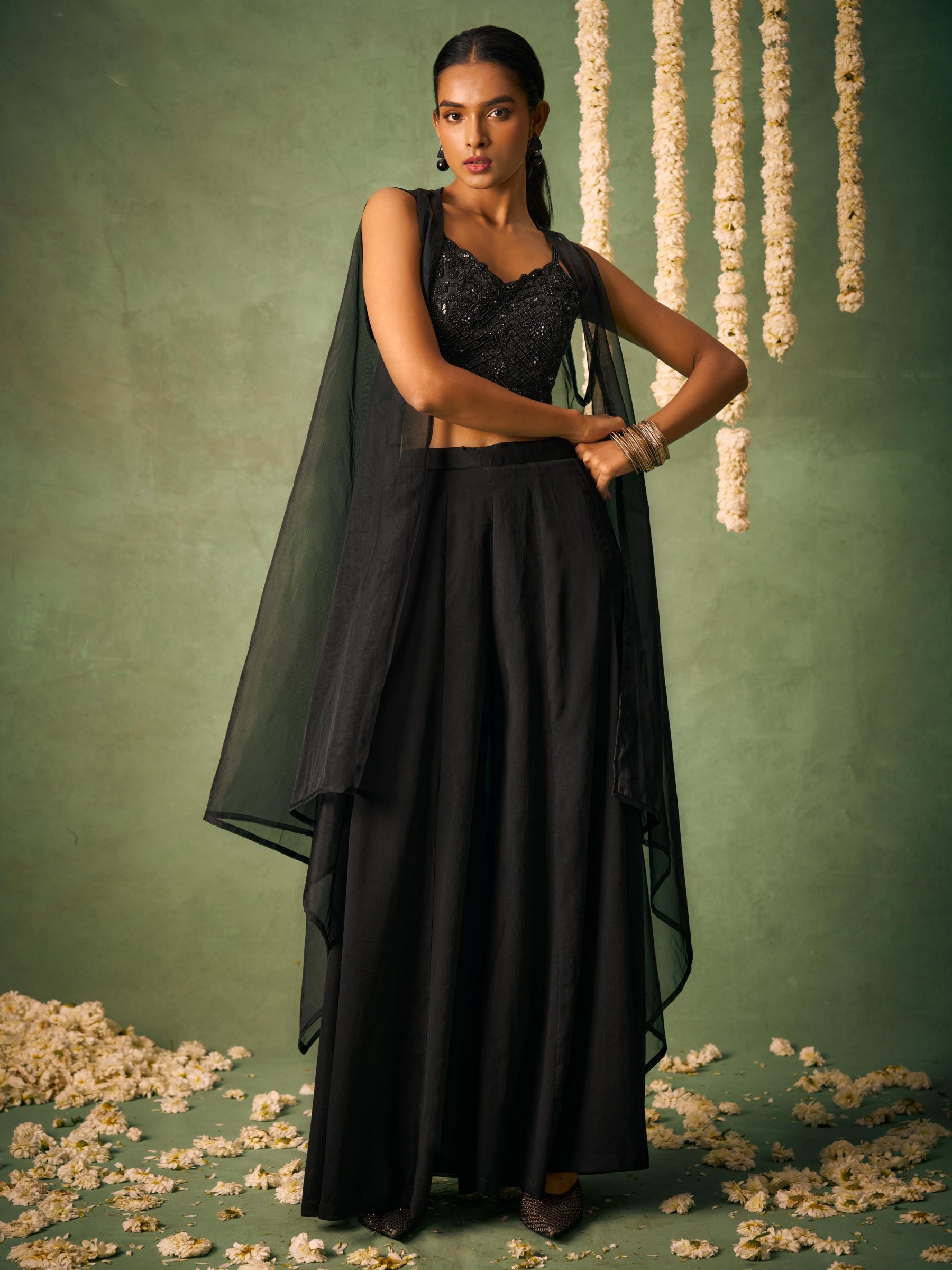 Pure Chinnon Silk Party Wear Sharara Green Color with Handwork 