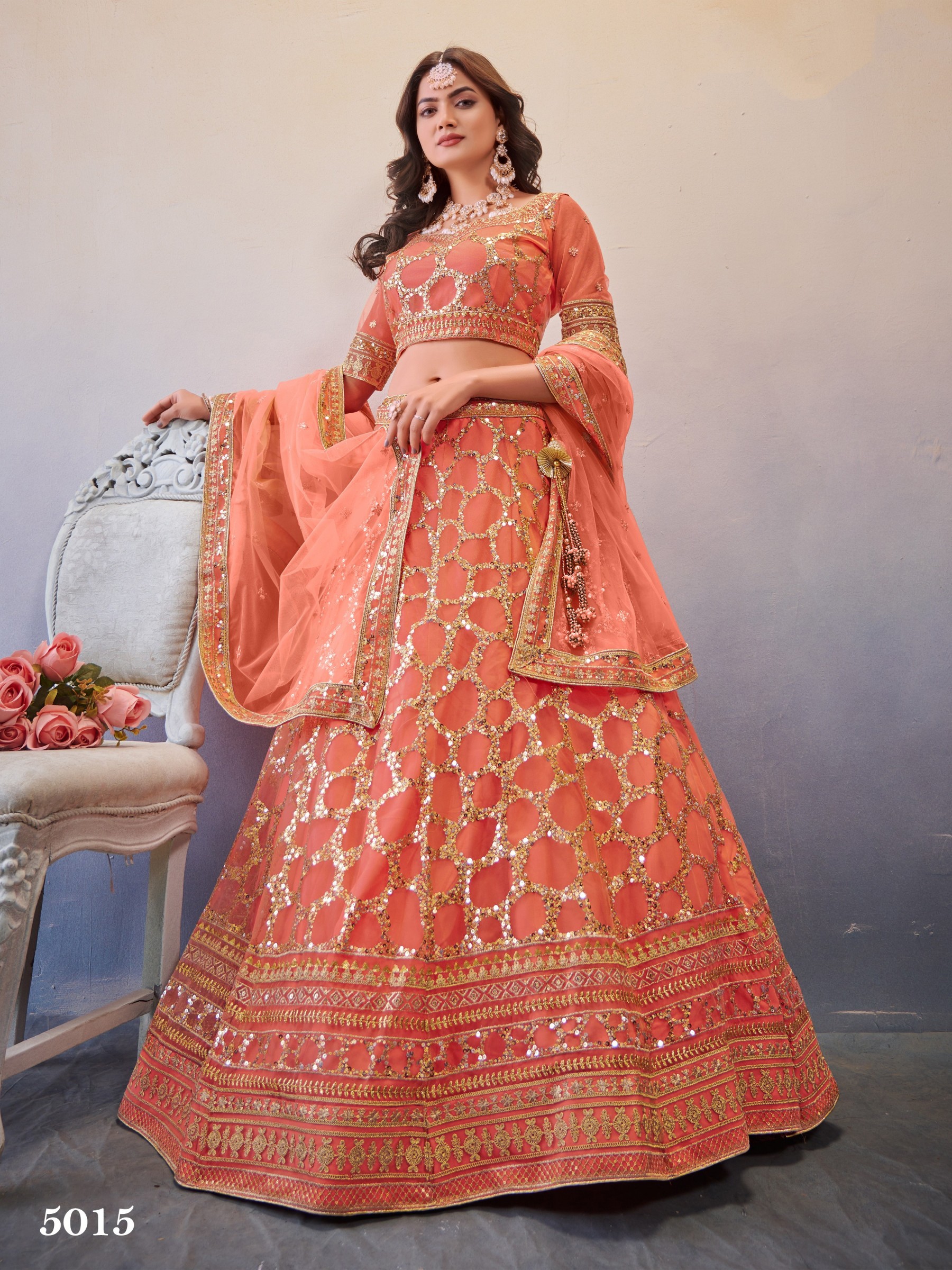 Soft Premium Net  Party Wear Wear Lehenga In Peach Color With Embroidery Work 