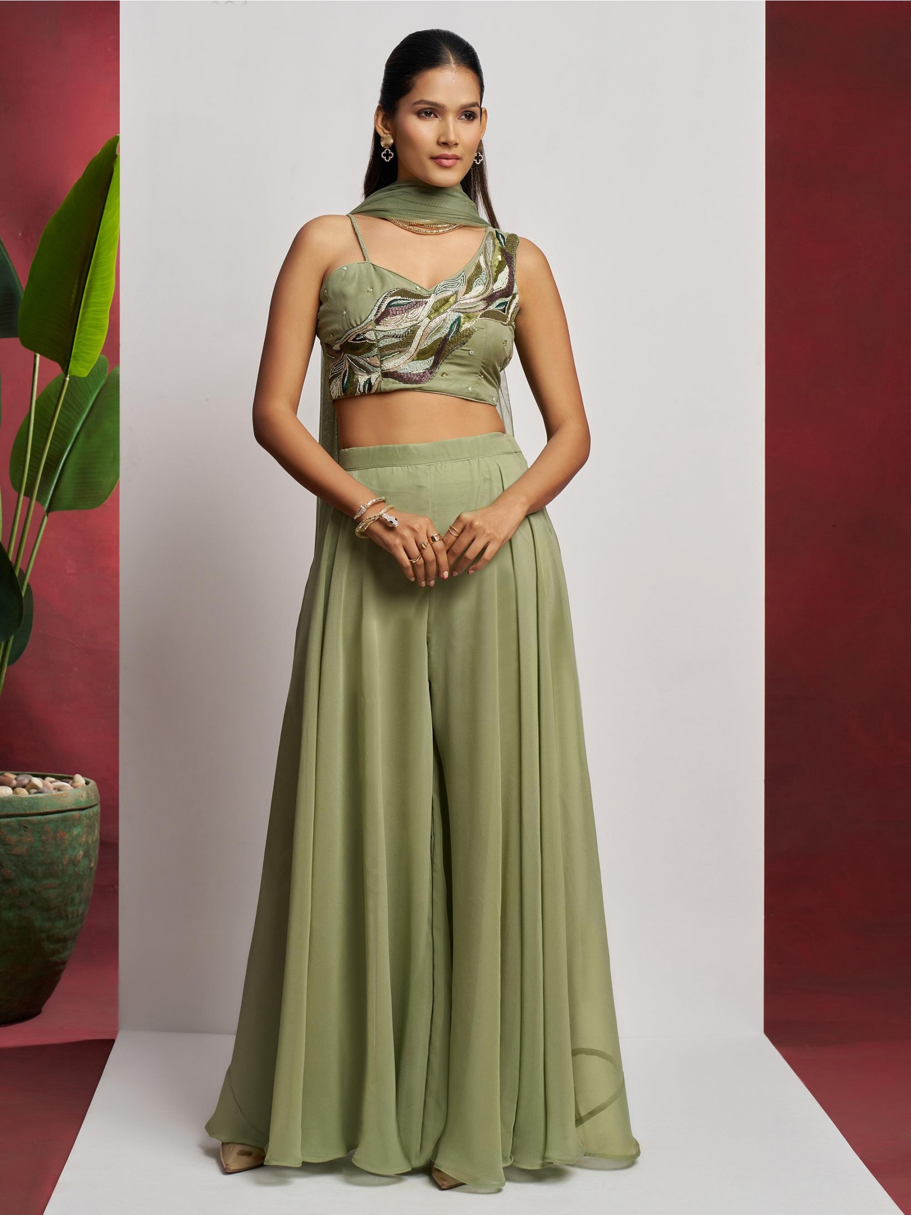 Pure Georgette Silk Party Wear Suit Lime Green Color with Embroidery work