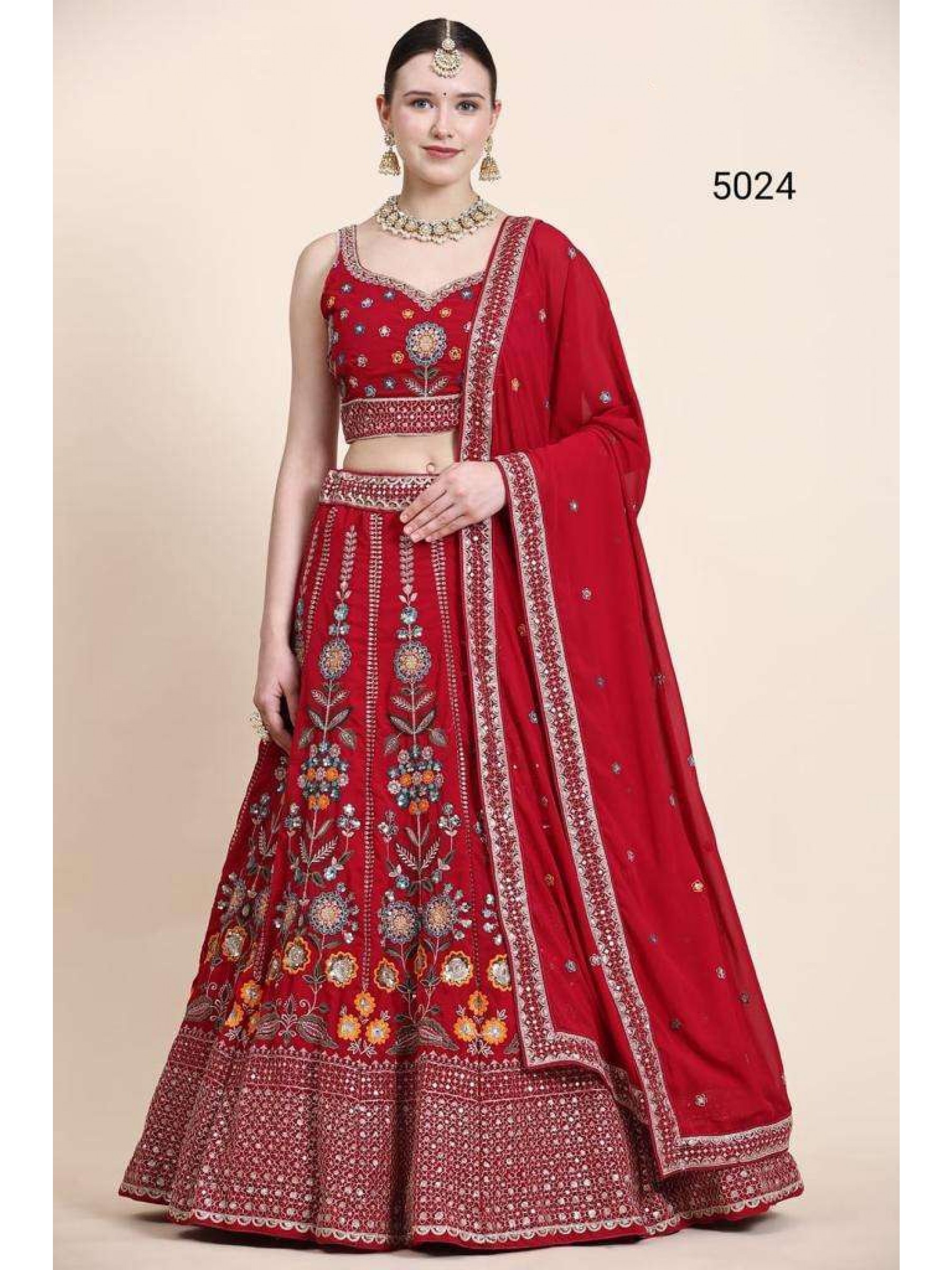 Pure Georgette Party Wear Wear Lehenga In Red With Embroidery Work 