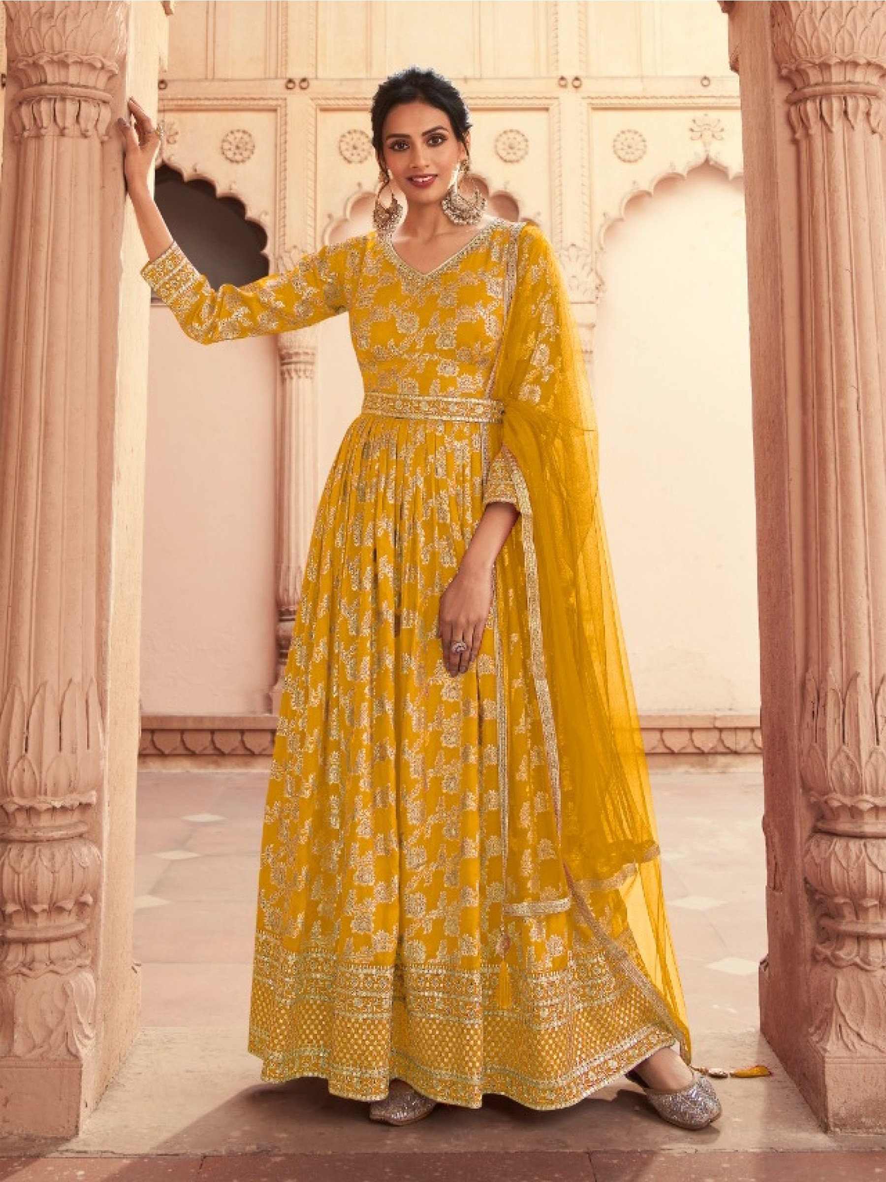 Dola Silk Party Wear Gown Yellow Color with  Embroidery Work