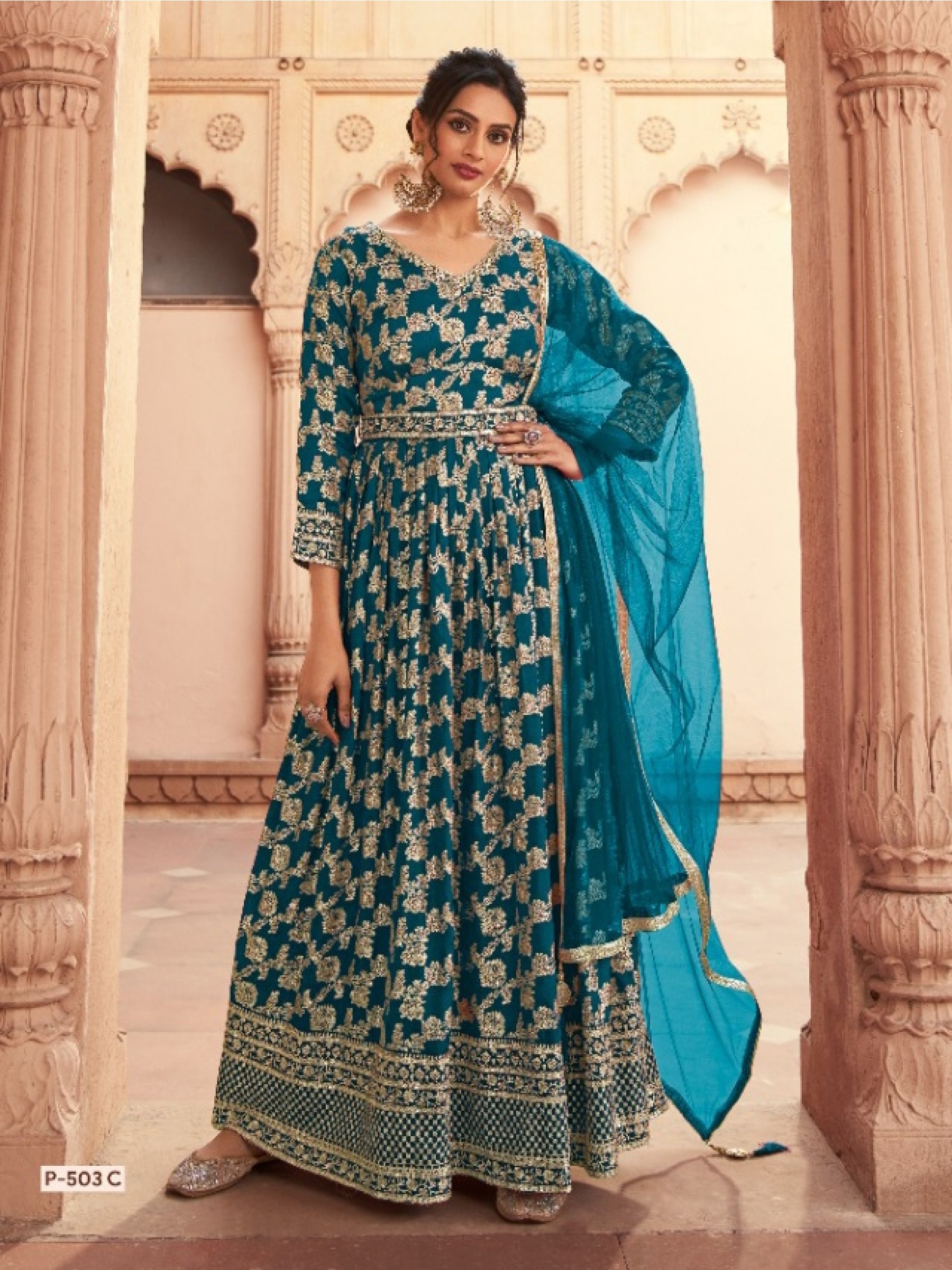 Dola Silk Party Wear Gown Blue Color with  Embroidery Work