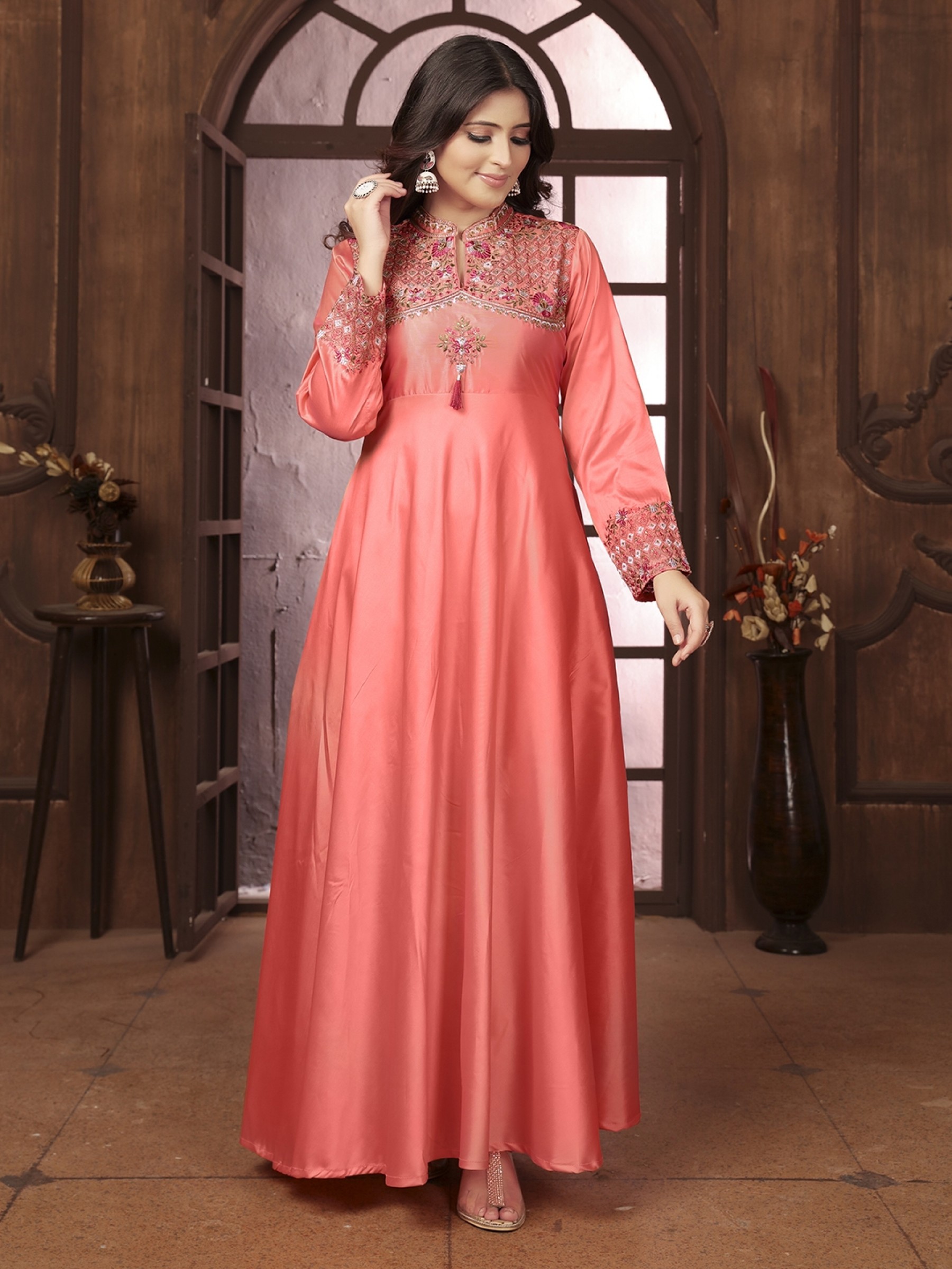Pure Silk Party Wear Gown In Peach Color with Embroidery Work