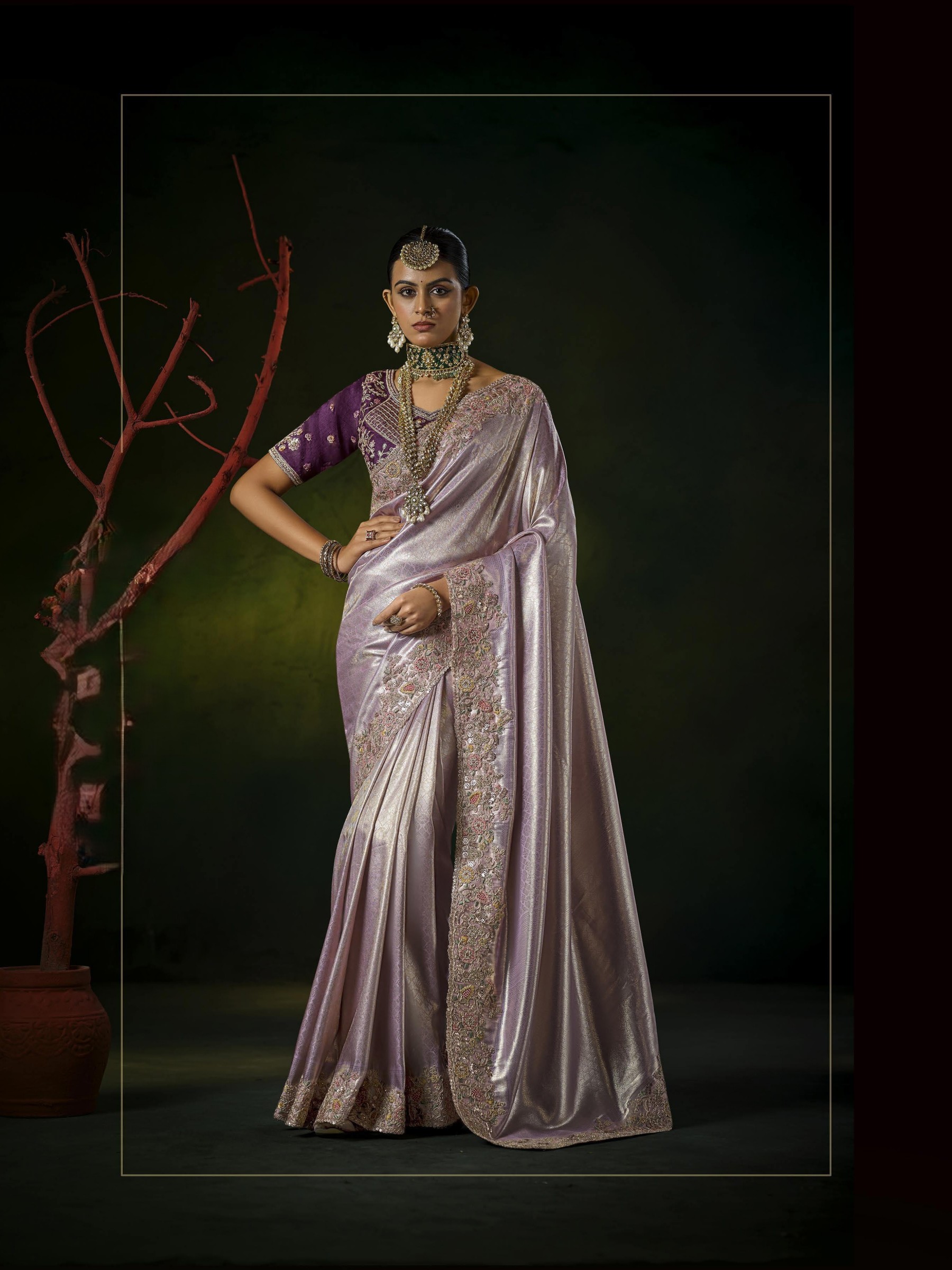 Pure Silk Wedding wear Saree In Light Purple Color with Embroidery Work 
