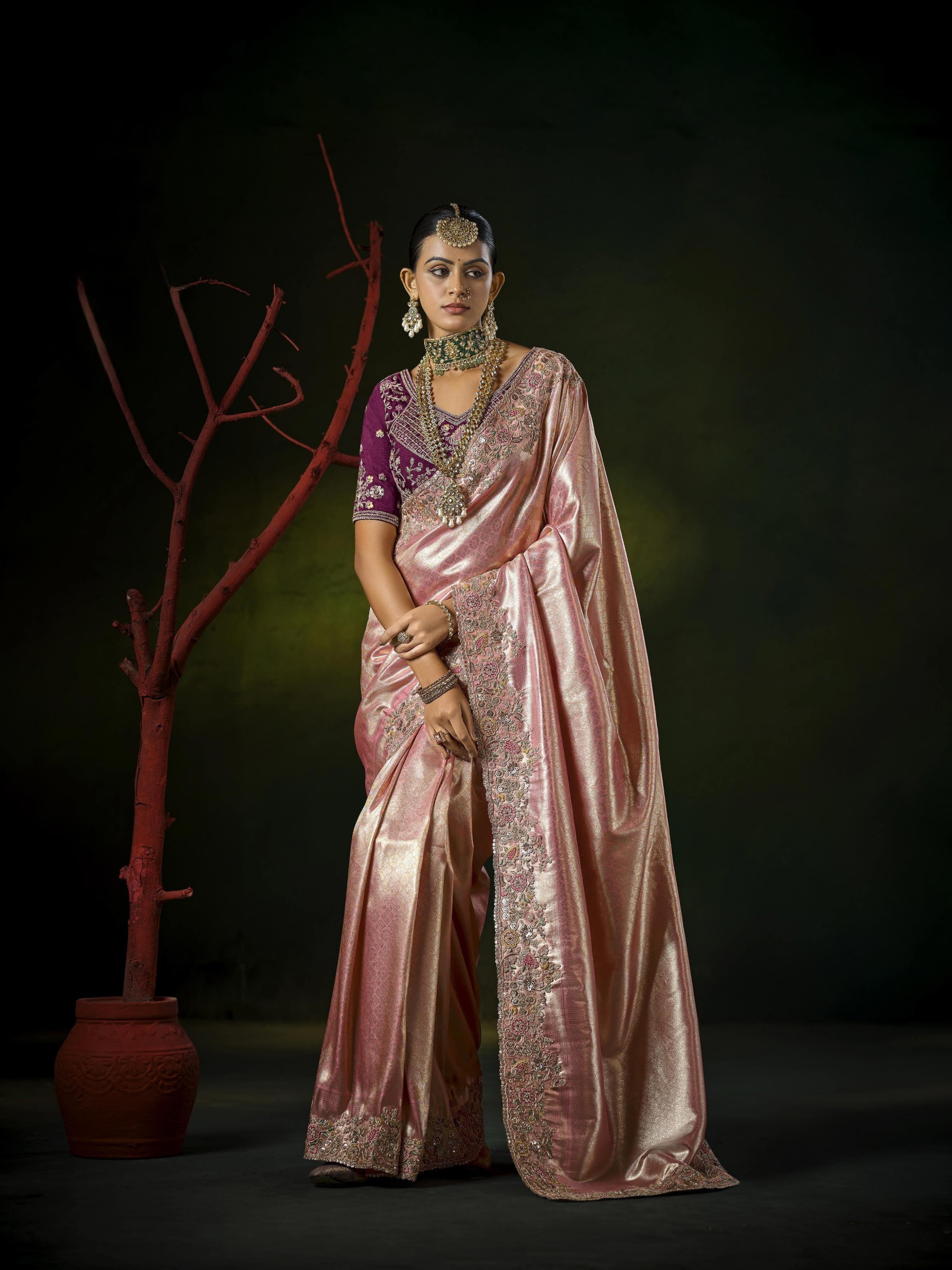 Pure Silk Wedding wear Saree In Peach Color with Embroidery Work 