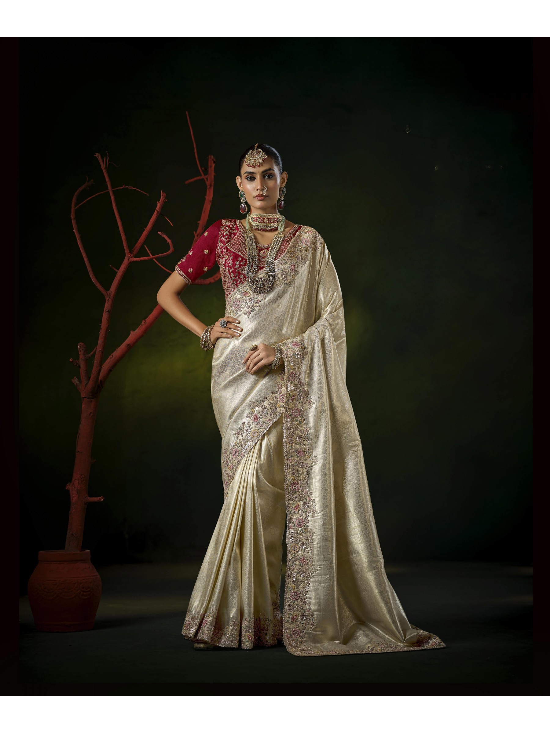 Pure Silk Wedding wear Saree In Cream Color with Embroidery Work 