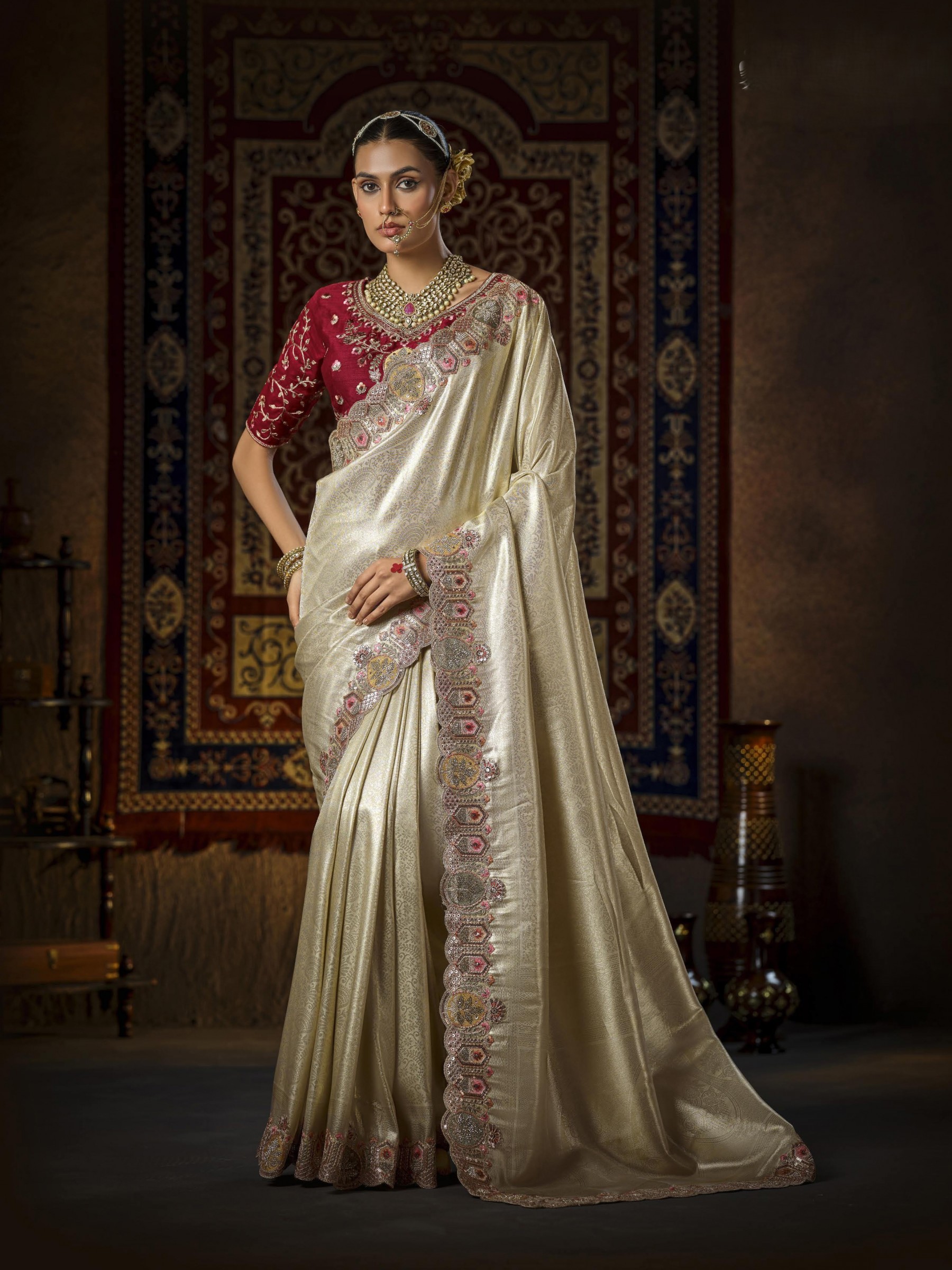 Pure Silk Wedding wear Saree In Cream Color with Embroidery Work 