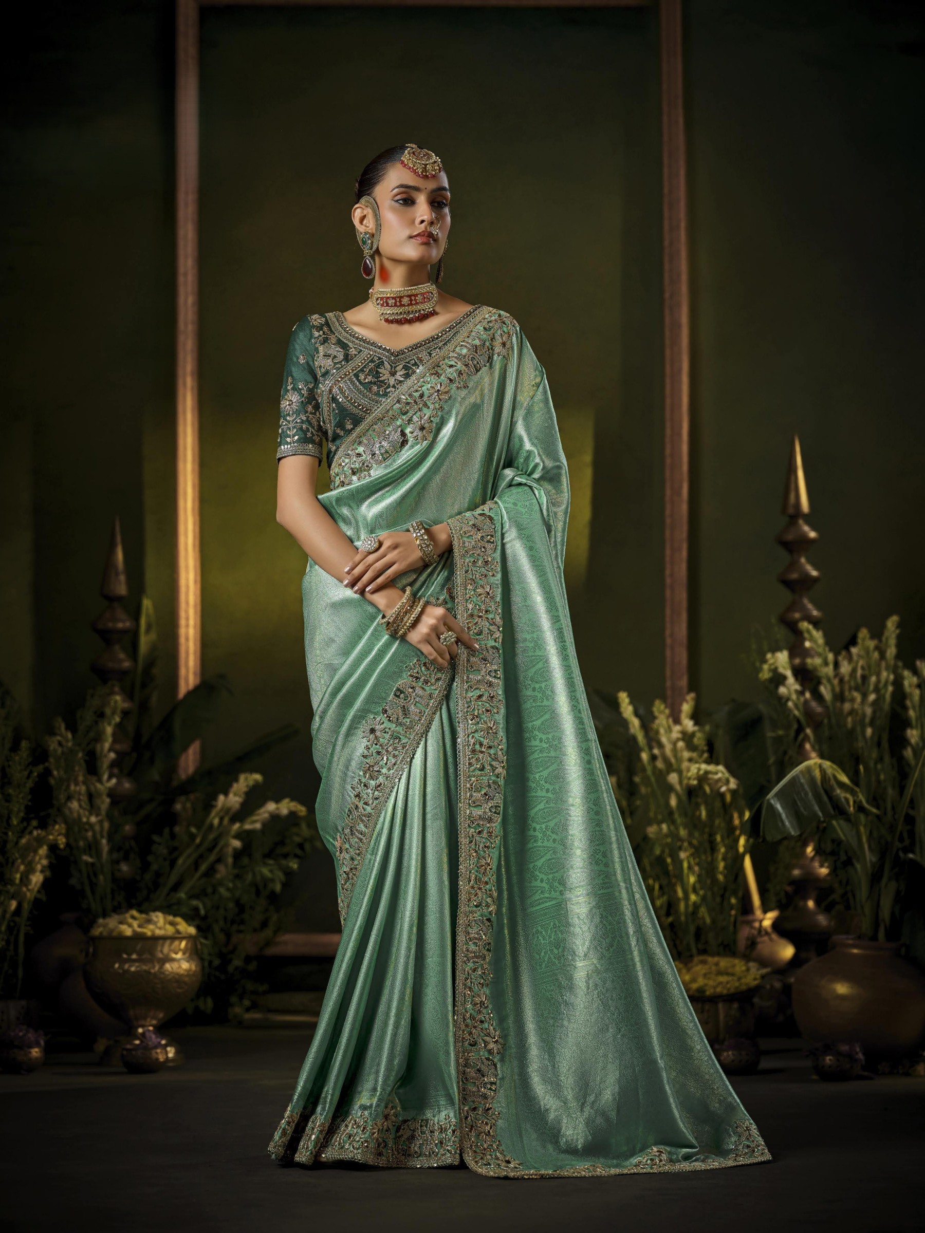 Pure Silk Wedding wear Saree In Sea Green Color with Embroidery Work 