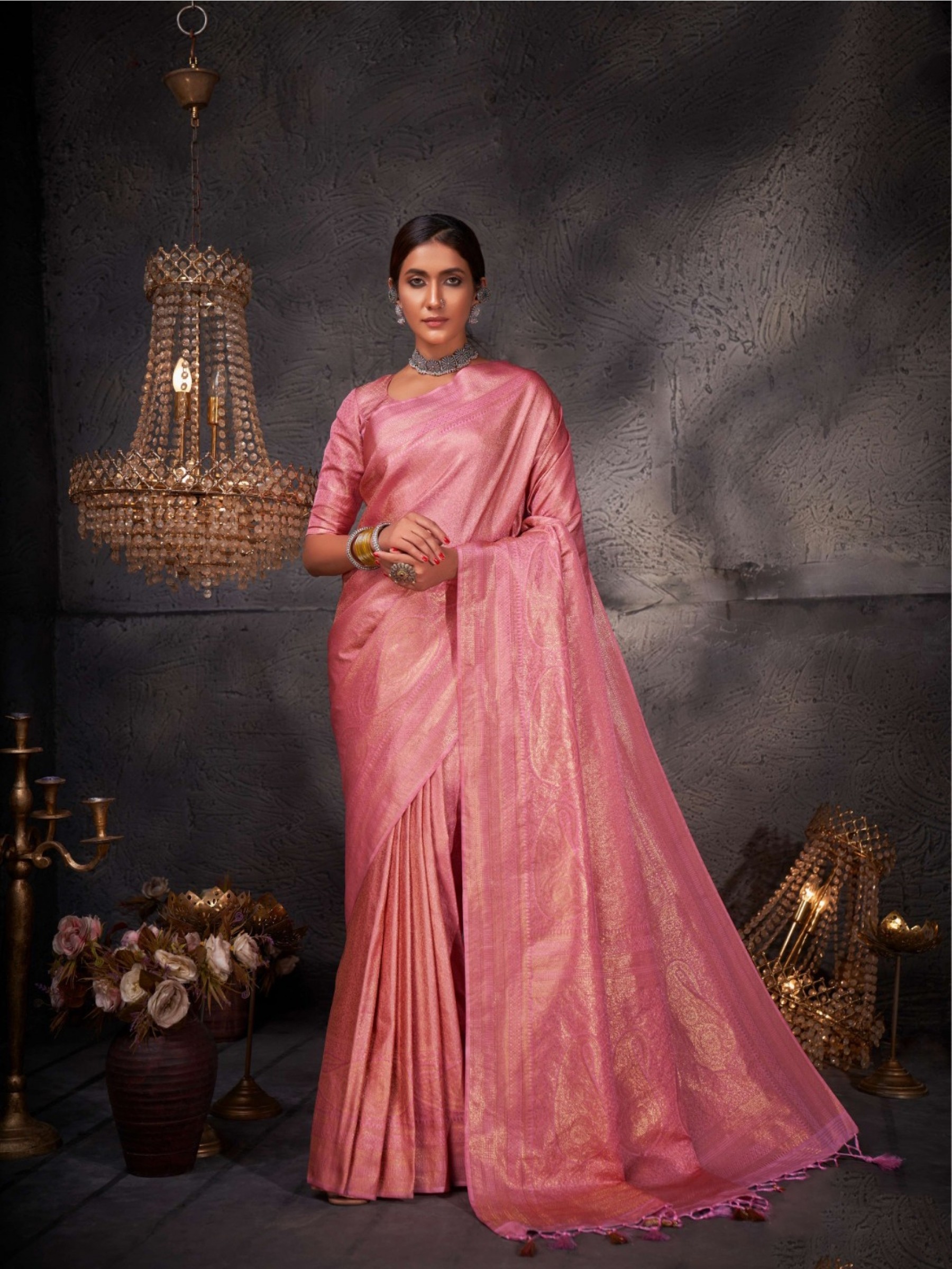 Kanjivaram Silk  Saree Pink Color With Weaving Work