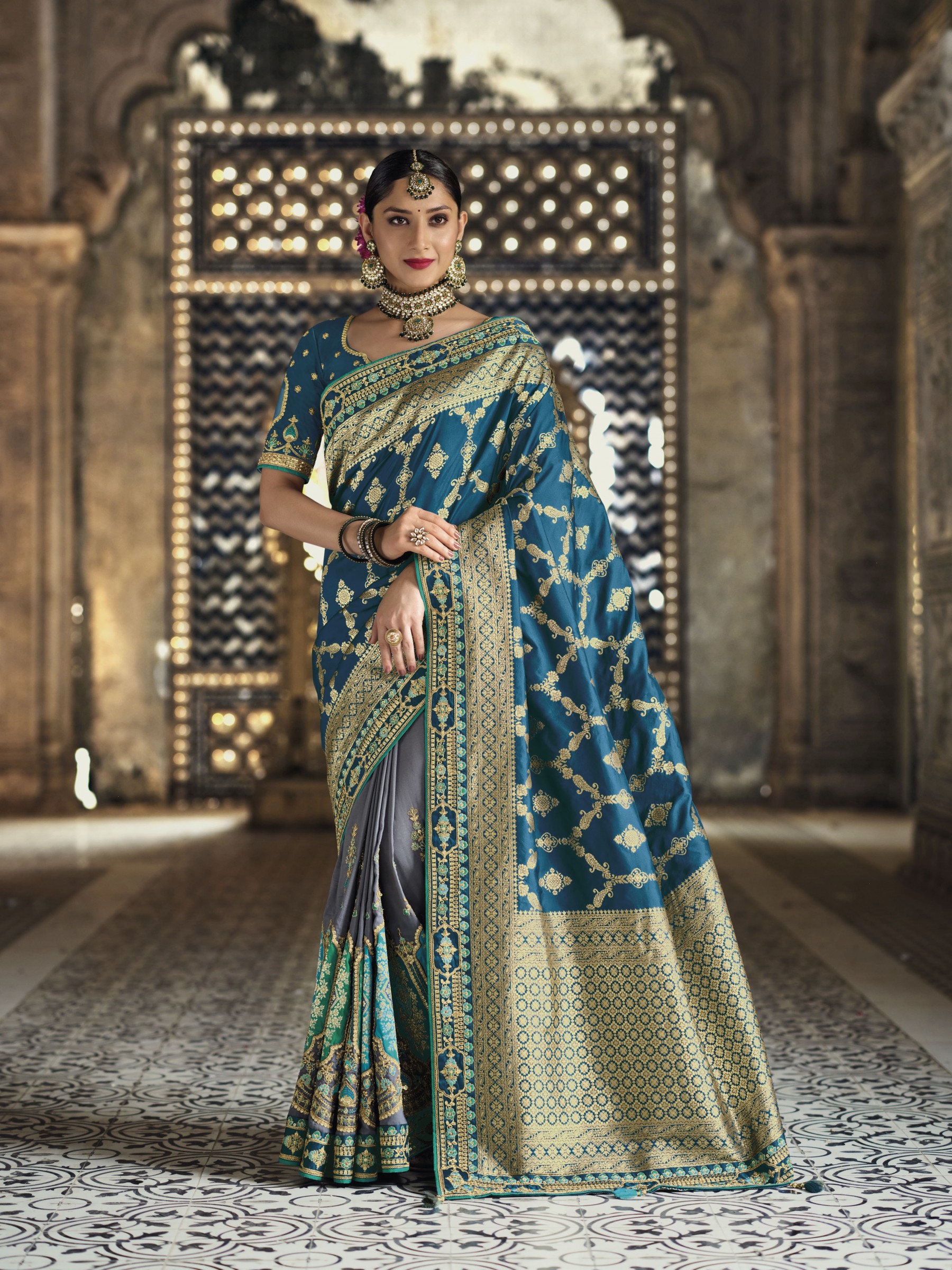 Pure Banarasi Silk Saree In Blue & Grey Color With Embroidery Work