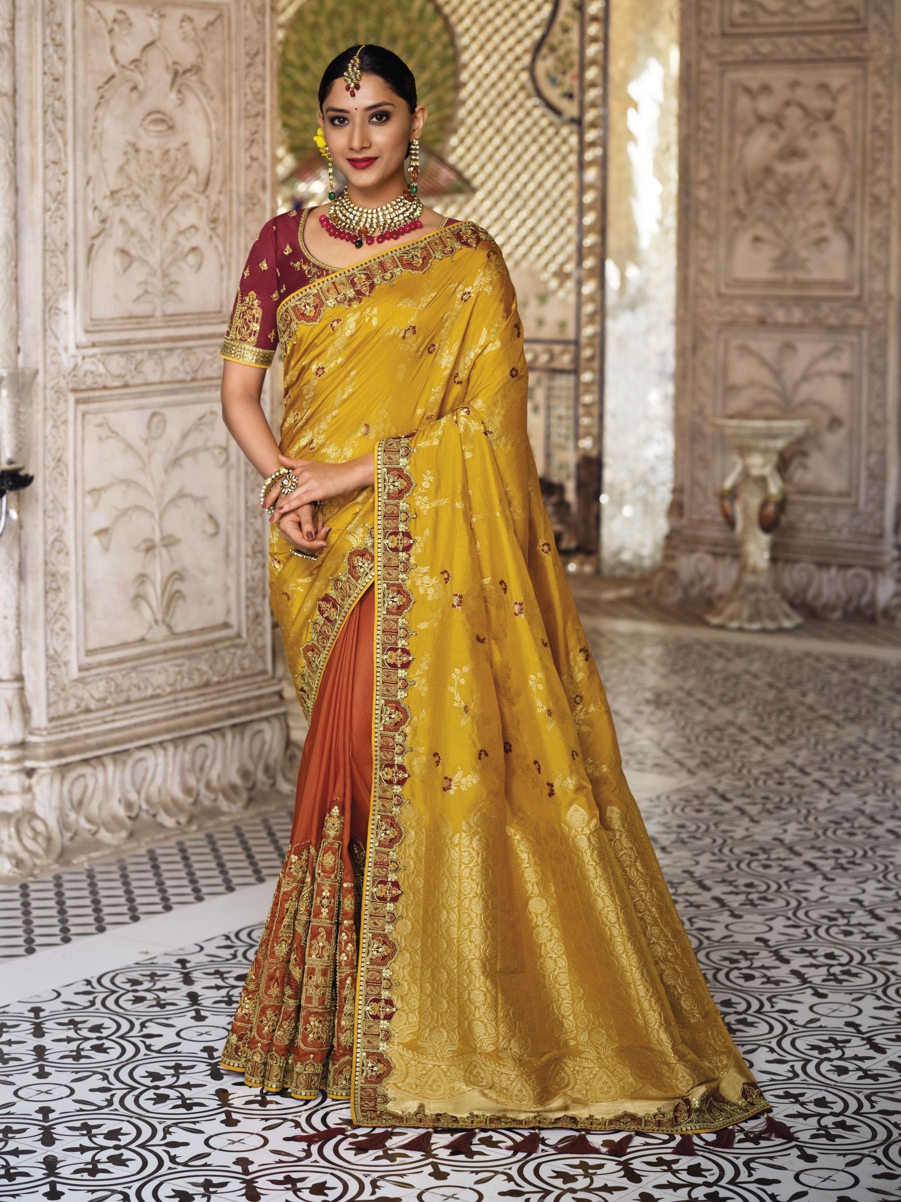 Pure Banarasi Silk Saree In Mustard & Brown Color With Embroidery Work