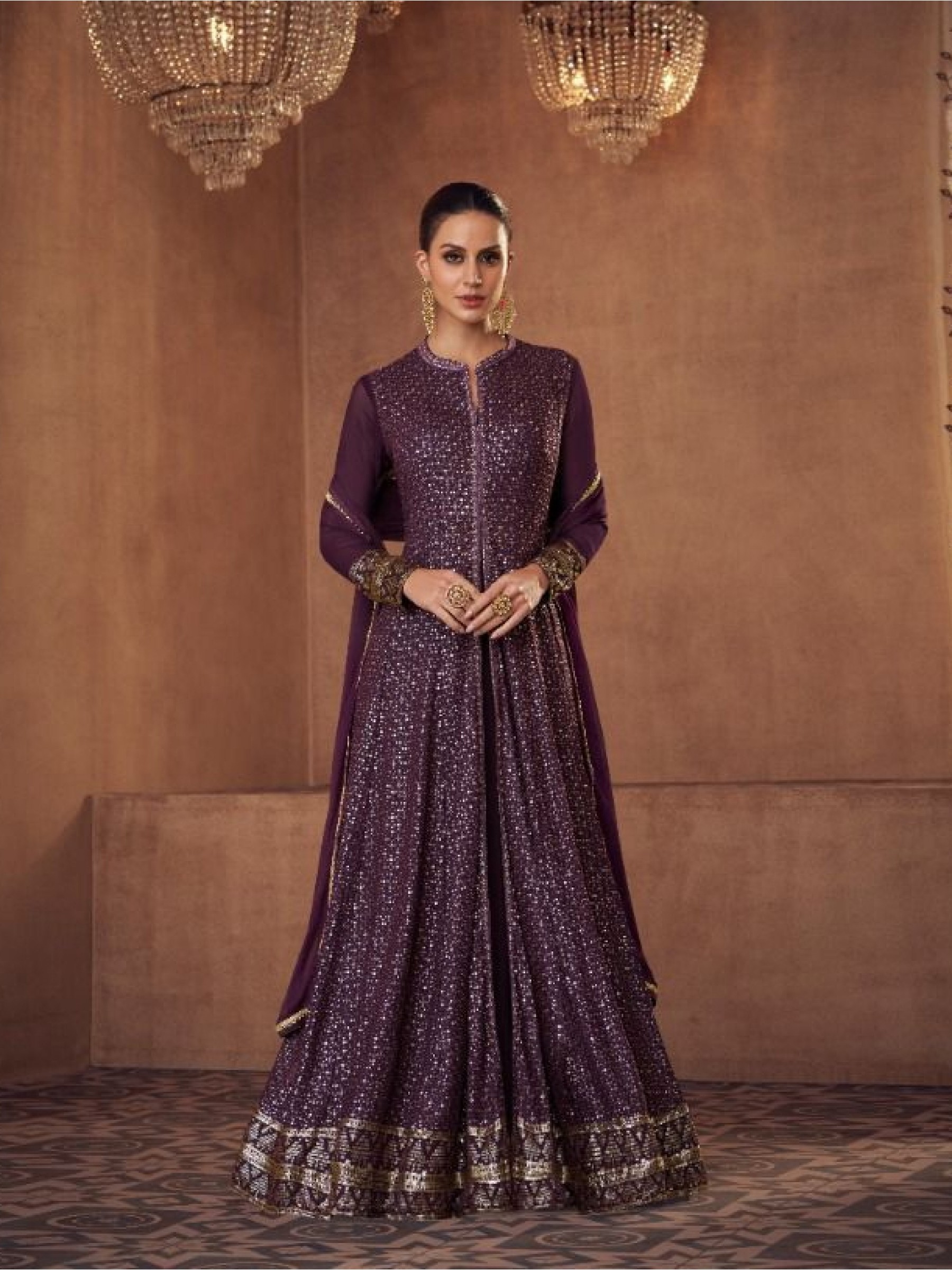 Real Georgette Party Wear Gown Violet Color with  Embroidery Work
