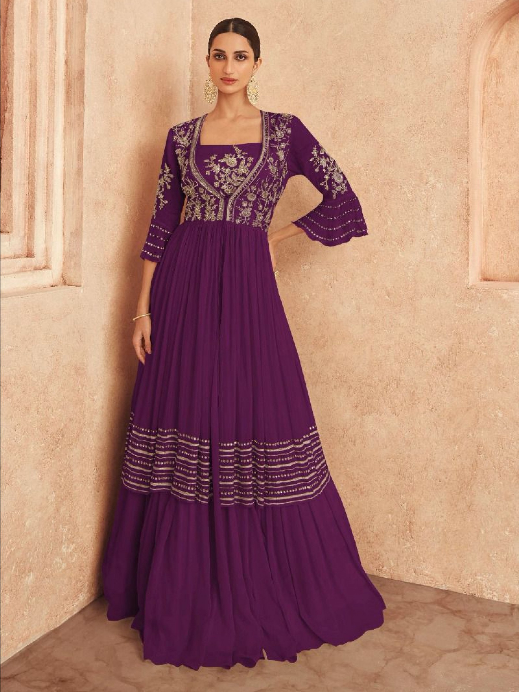 Real Georgette Party Wear Gown Purple Color with  Embroidery Work