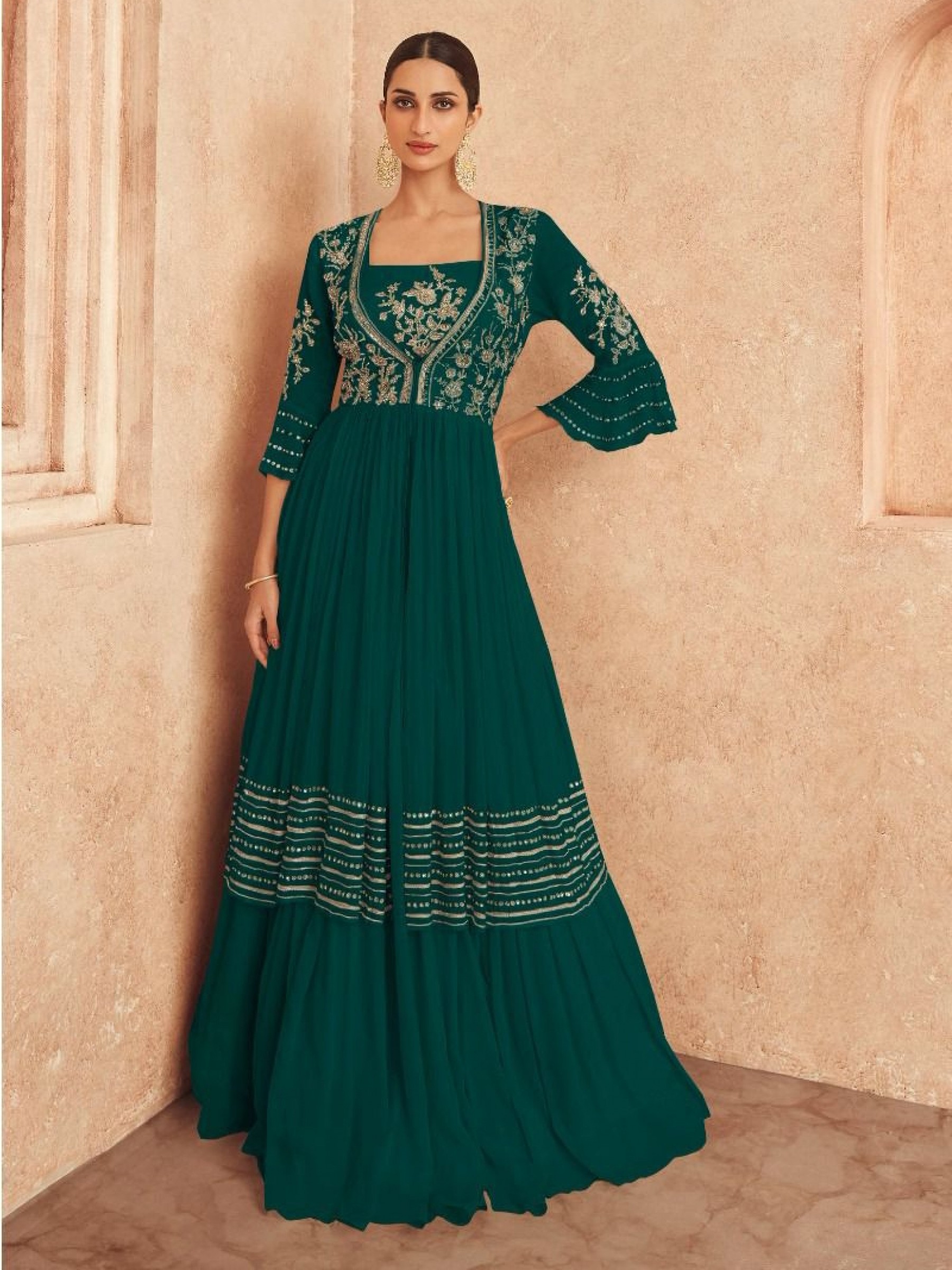 Real Georgette Party Wear Gown Teal Green Color with  Embroidery Work