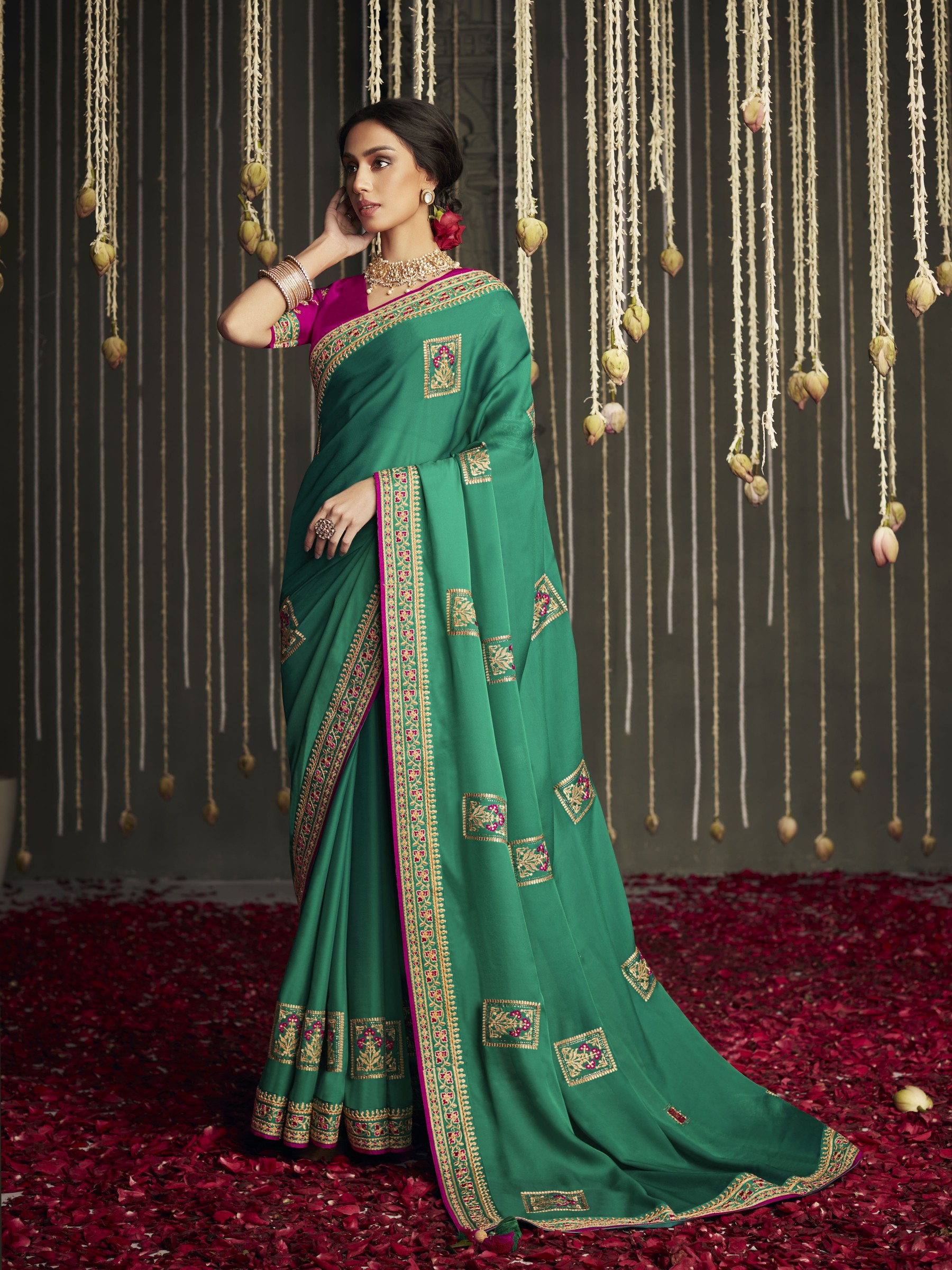 Fansy Silk Saree In Turquoise Color With Embroidery Work