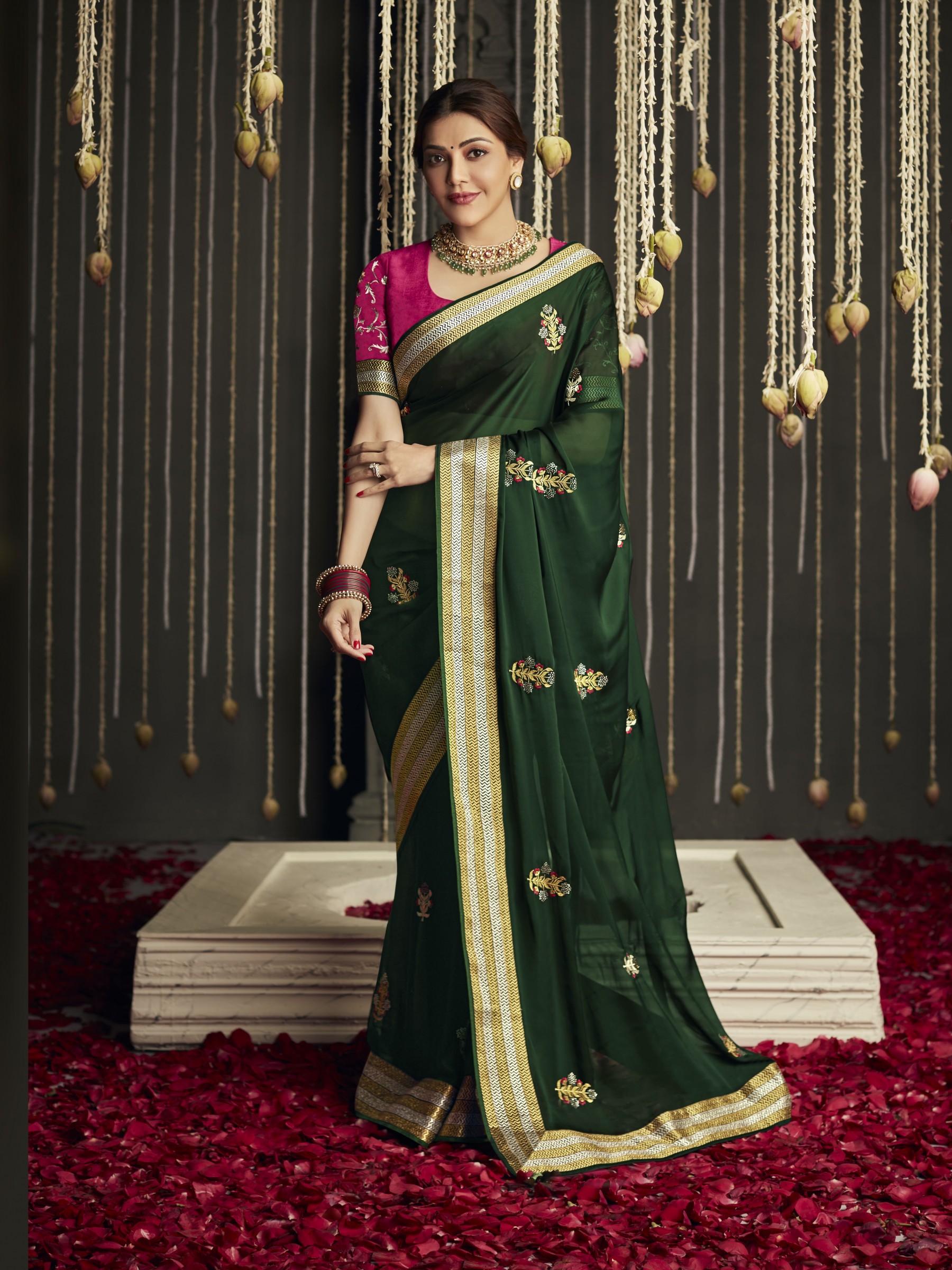 Fansy Silk Saree In Green Color With Embroidery Work