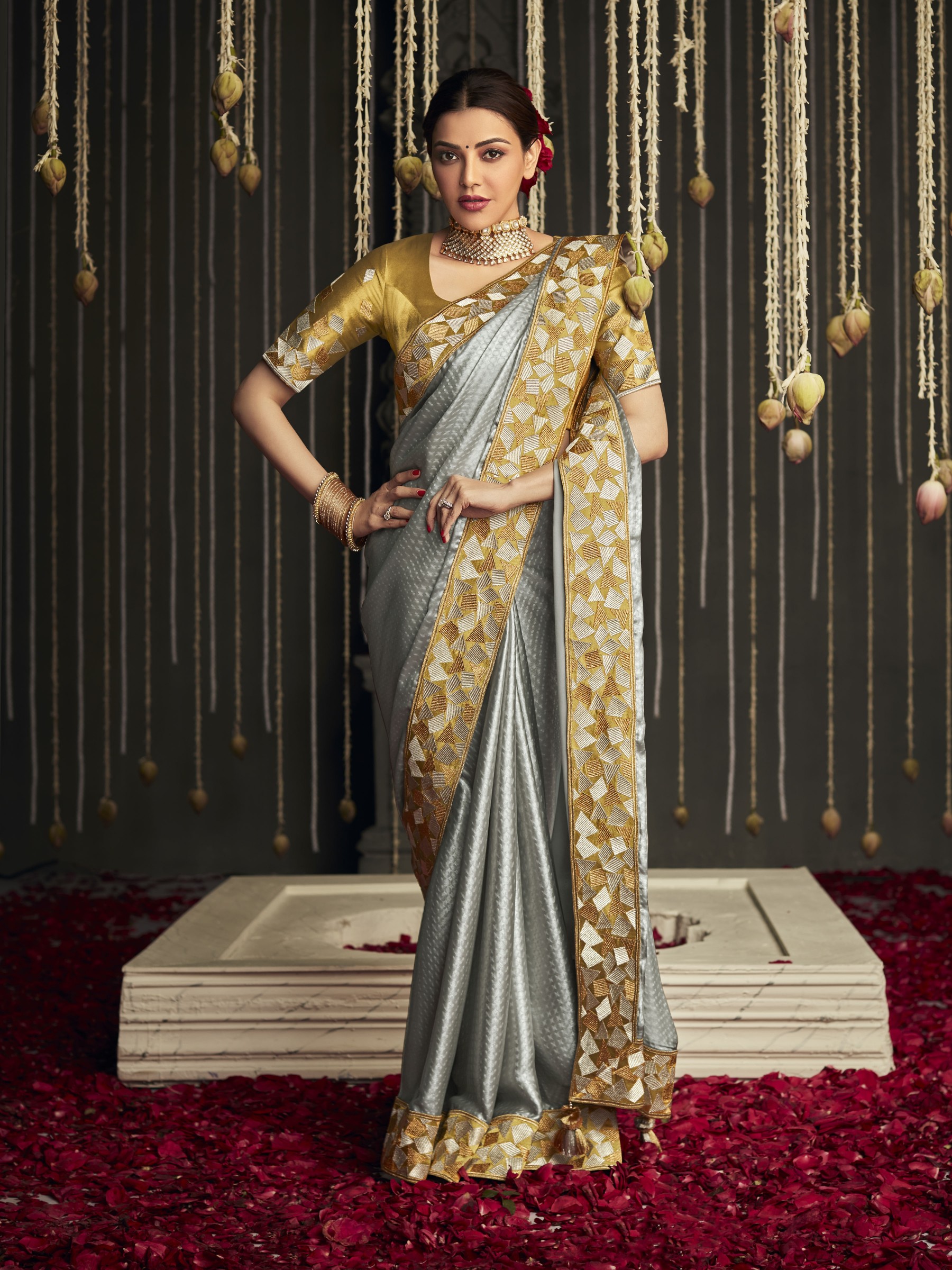 Fansy Silk Saree In Grey Color With Embroidery Work