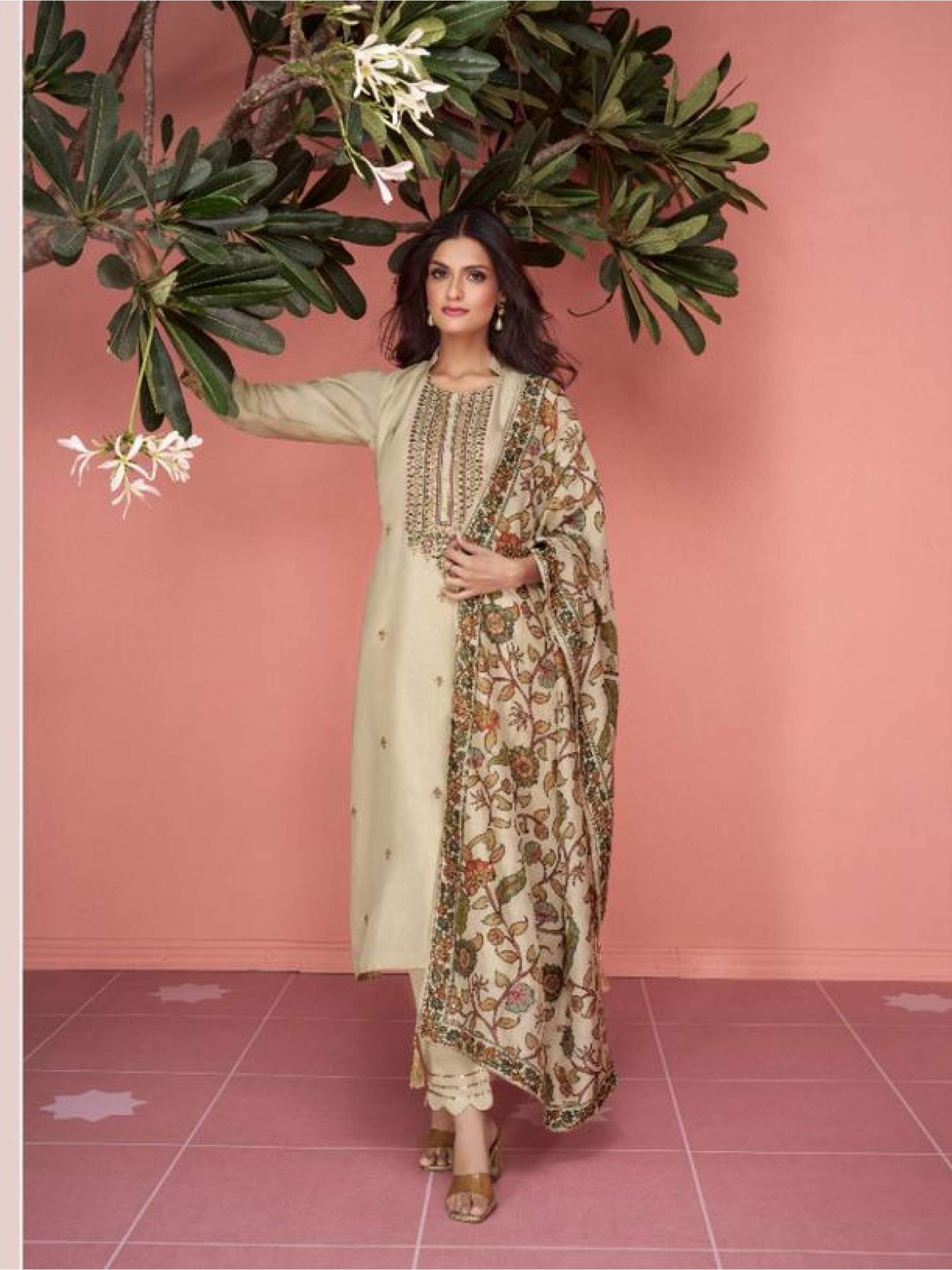  Silk Party Wear  Suit  in Beige Color with  Embroidery Work