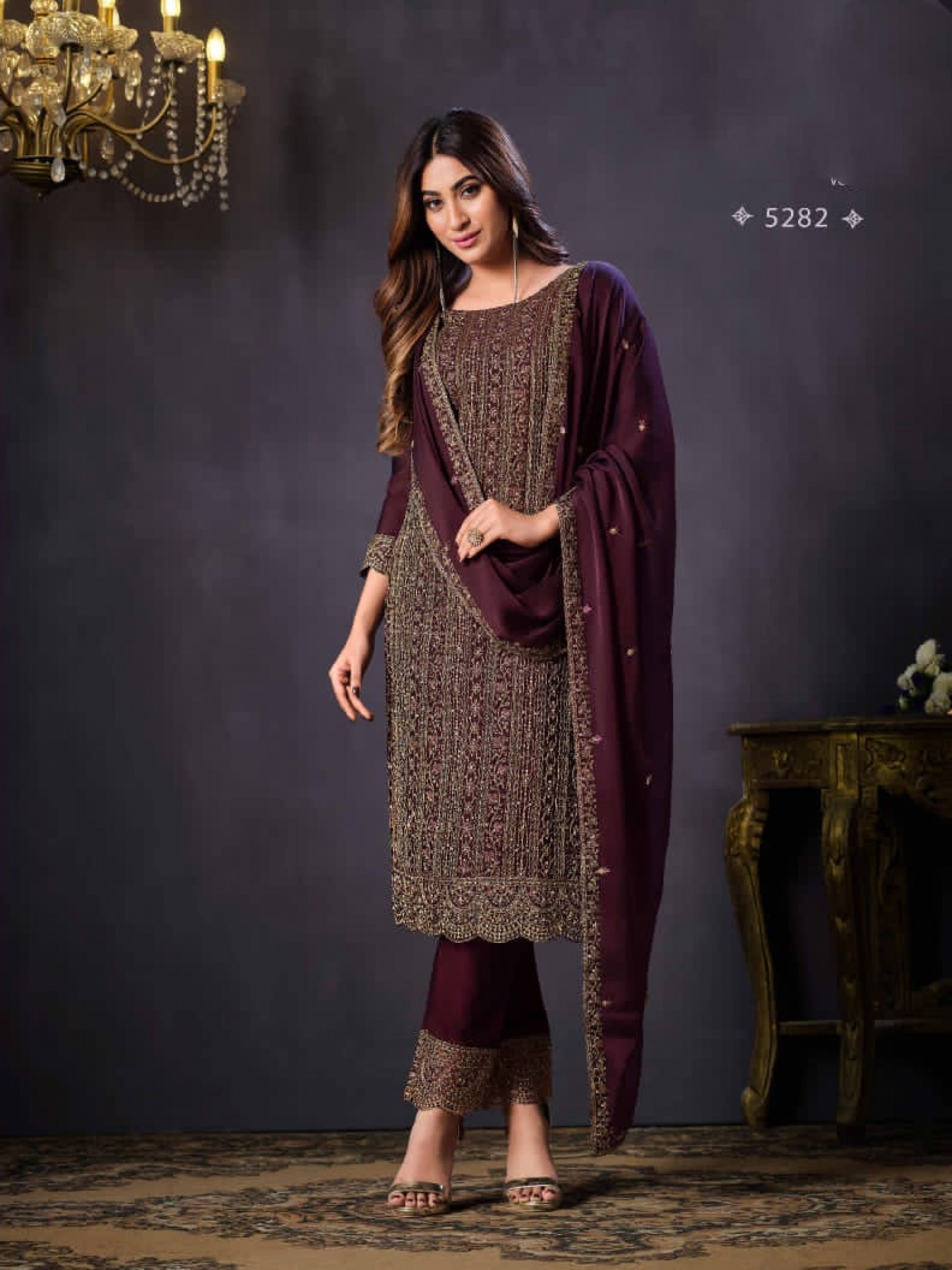 Georgette Silk Party Wear  Suit  in Purple Color with  Embroidery Work