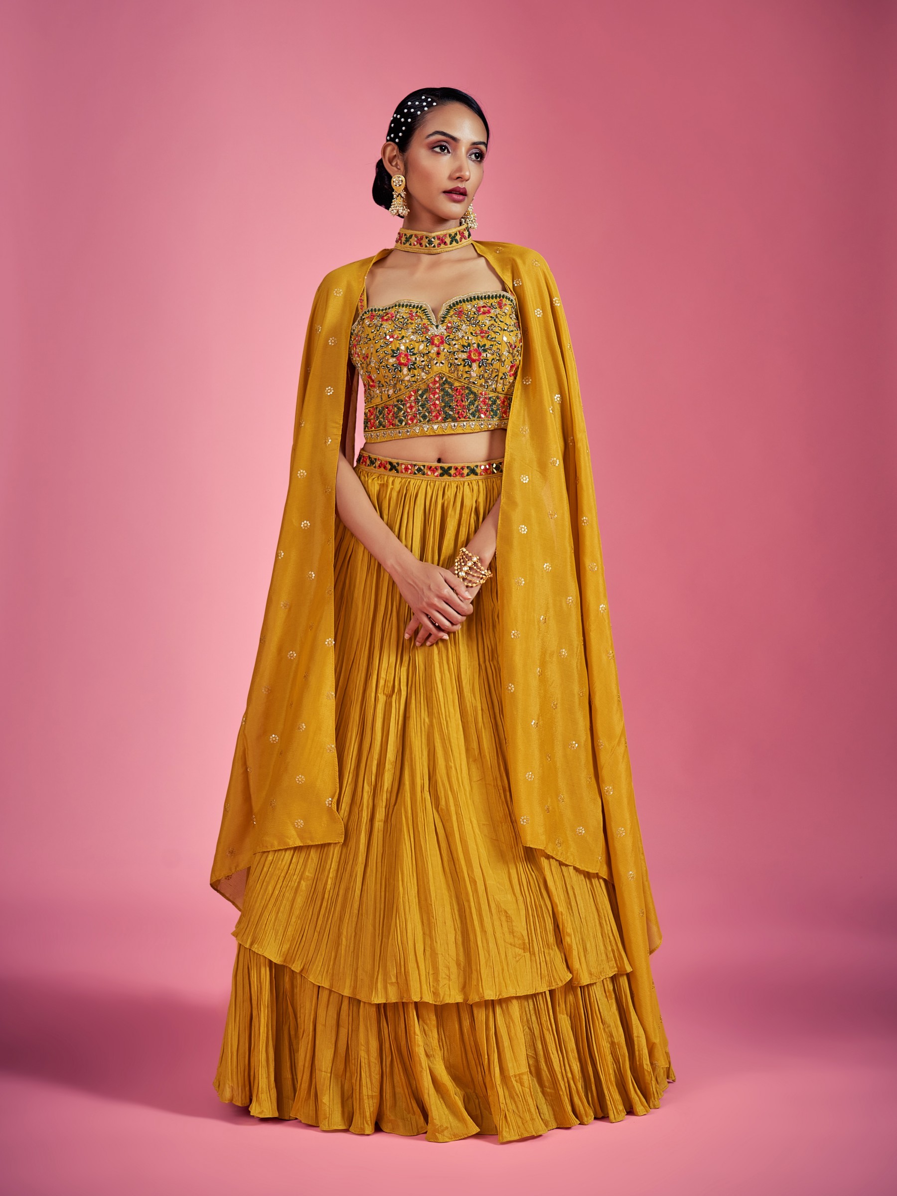 Chinon Silk  Party Wear Lehenga In Mustard Color With Embroidery Work