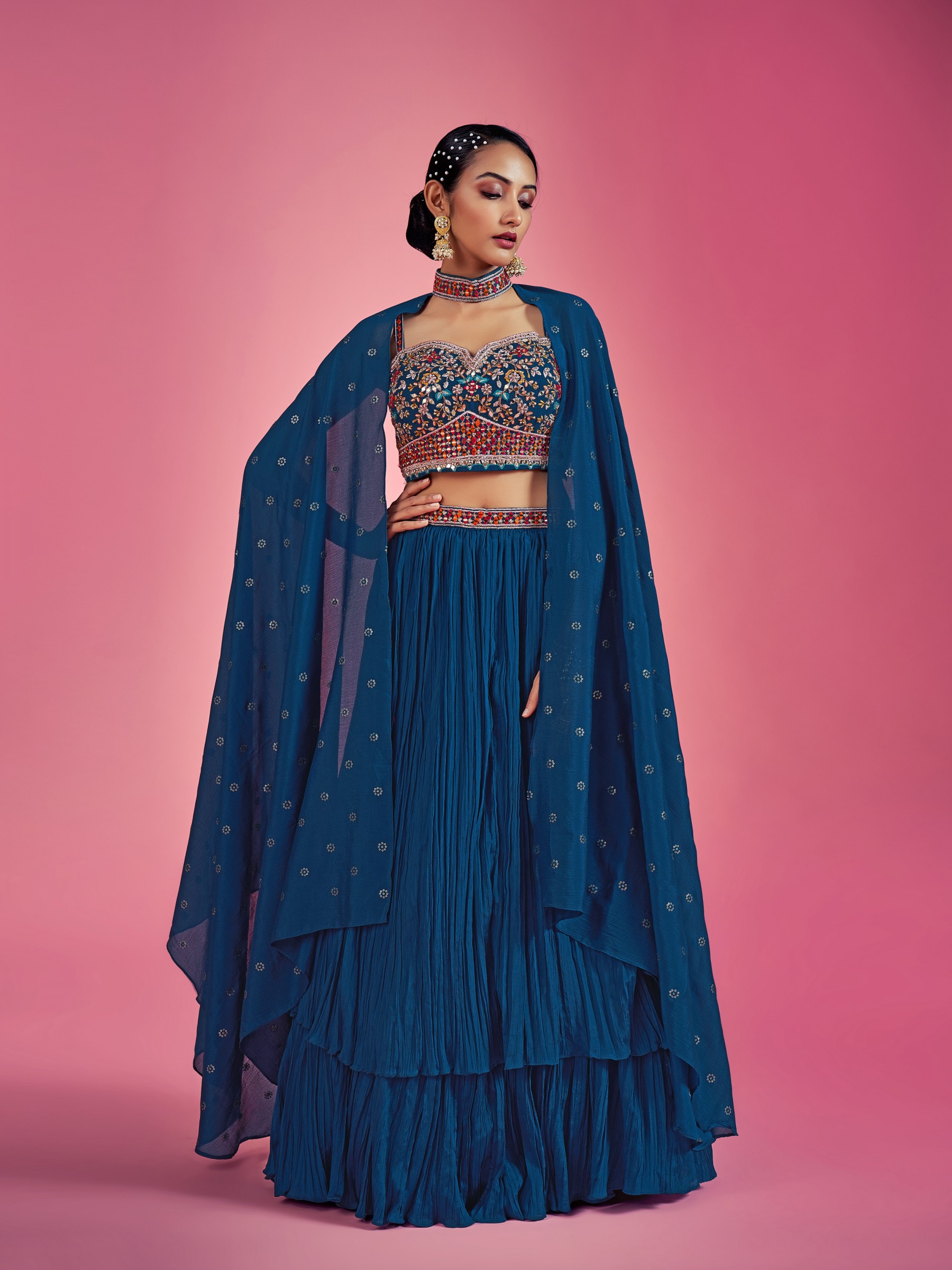 Chinon Silk  Party Wear Lehenga In Blue Color With Embroidery Work