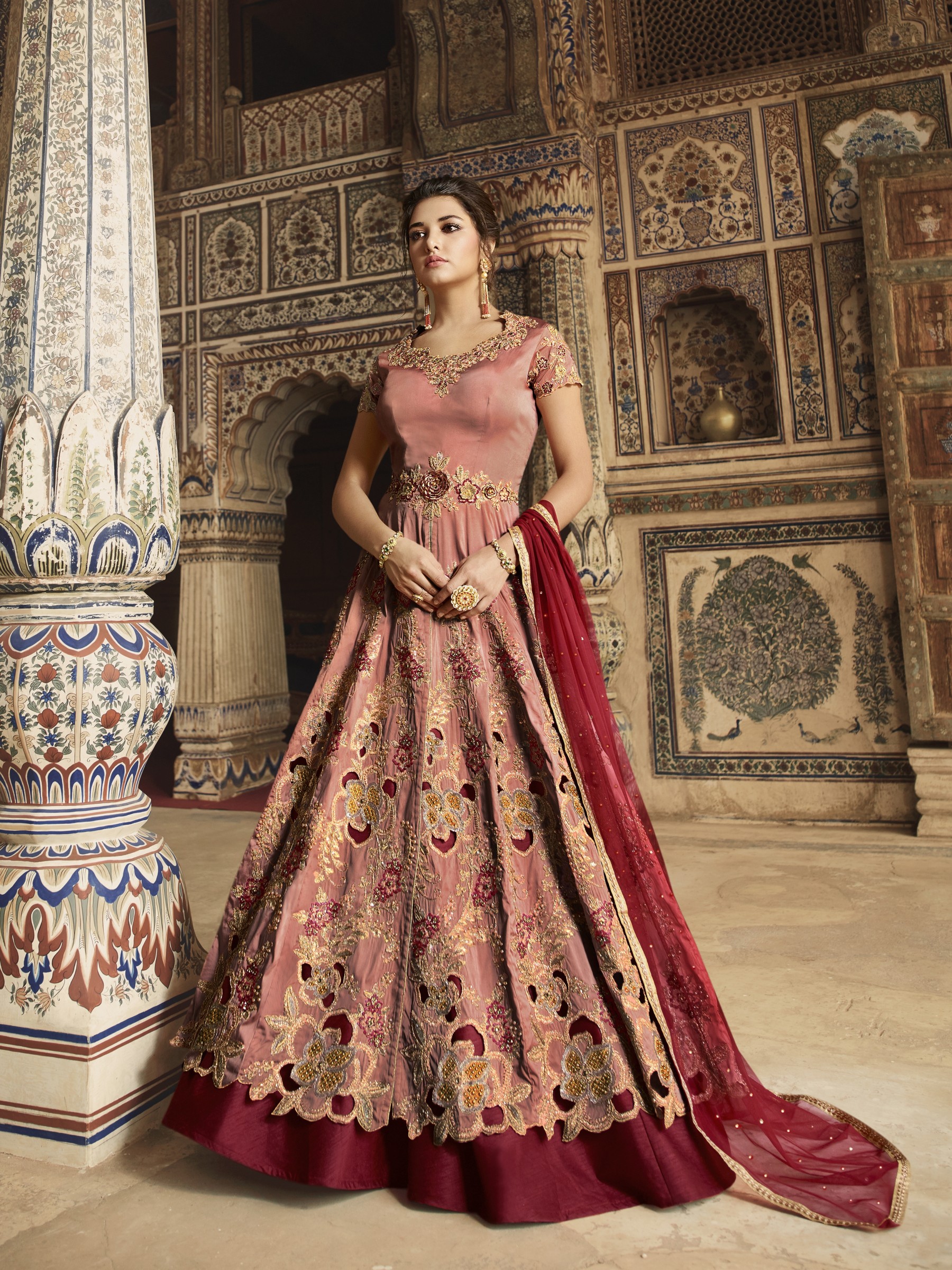 Cambridge Silk Party Wear Readymade Lehenga In Maroon With Embroidery & Crystals Stone Work