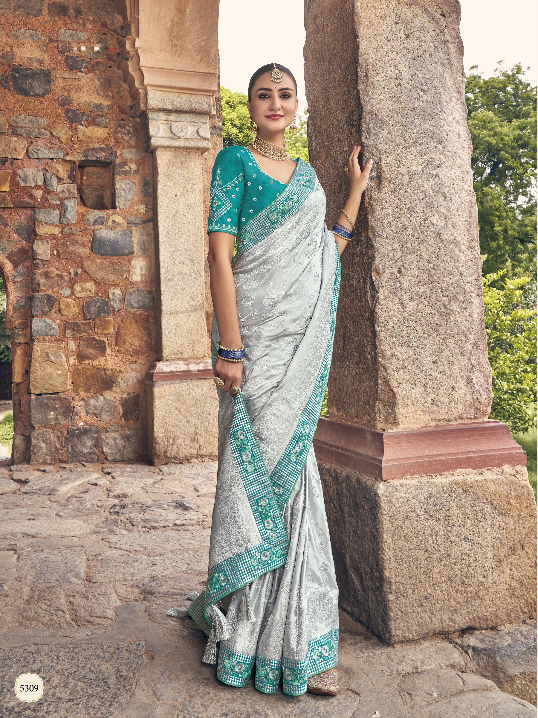 Pure Dola silk  Saree Grey Color With Embroidery Work