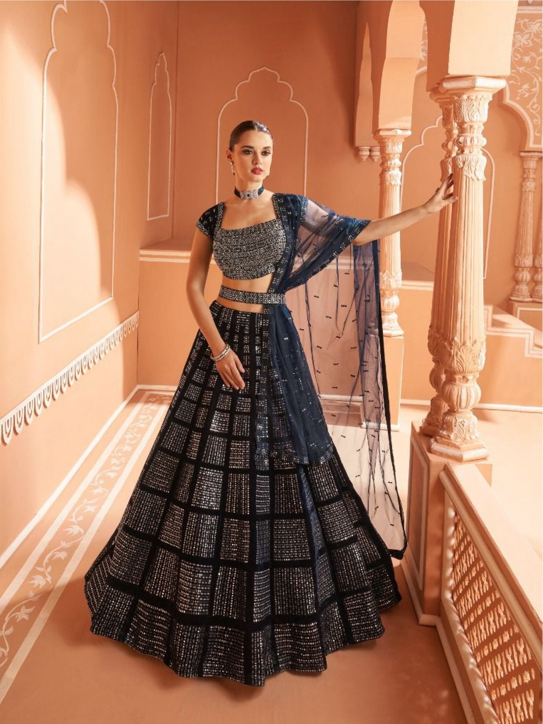 Velvet Party Wear Wear Lehenga In Blue color With Embroidery Work 