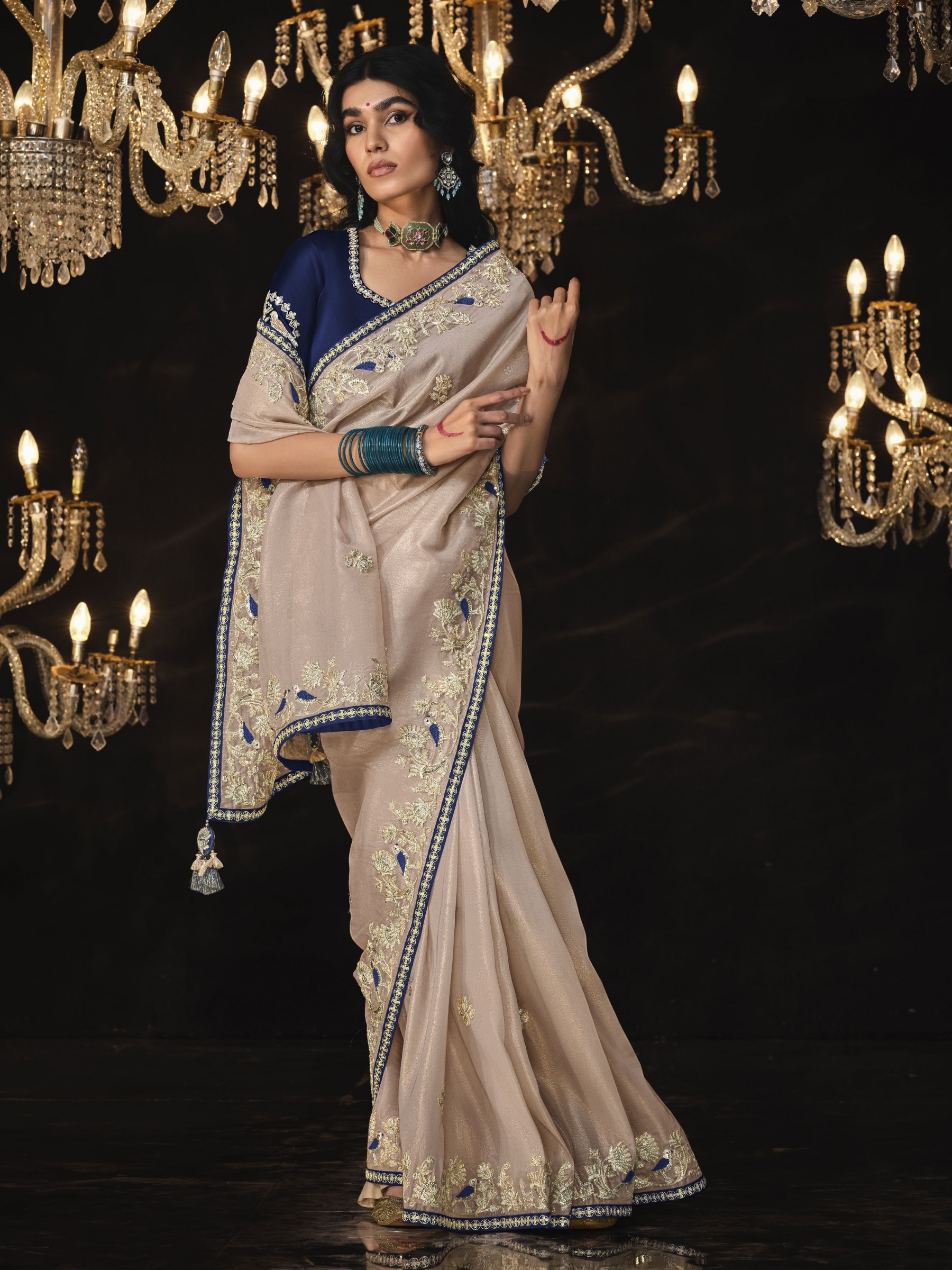 Fancy Silk  Party wear Saree Beige Color With Embroidery Work