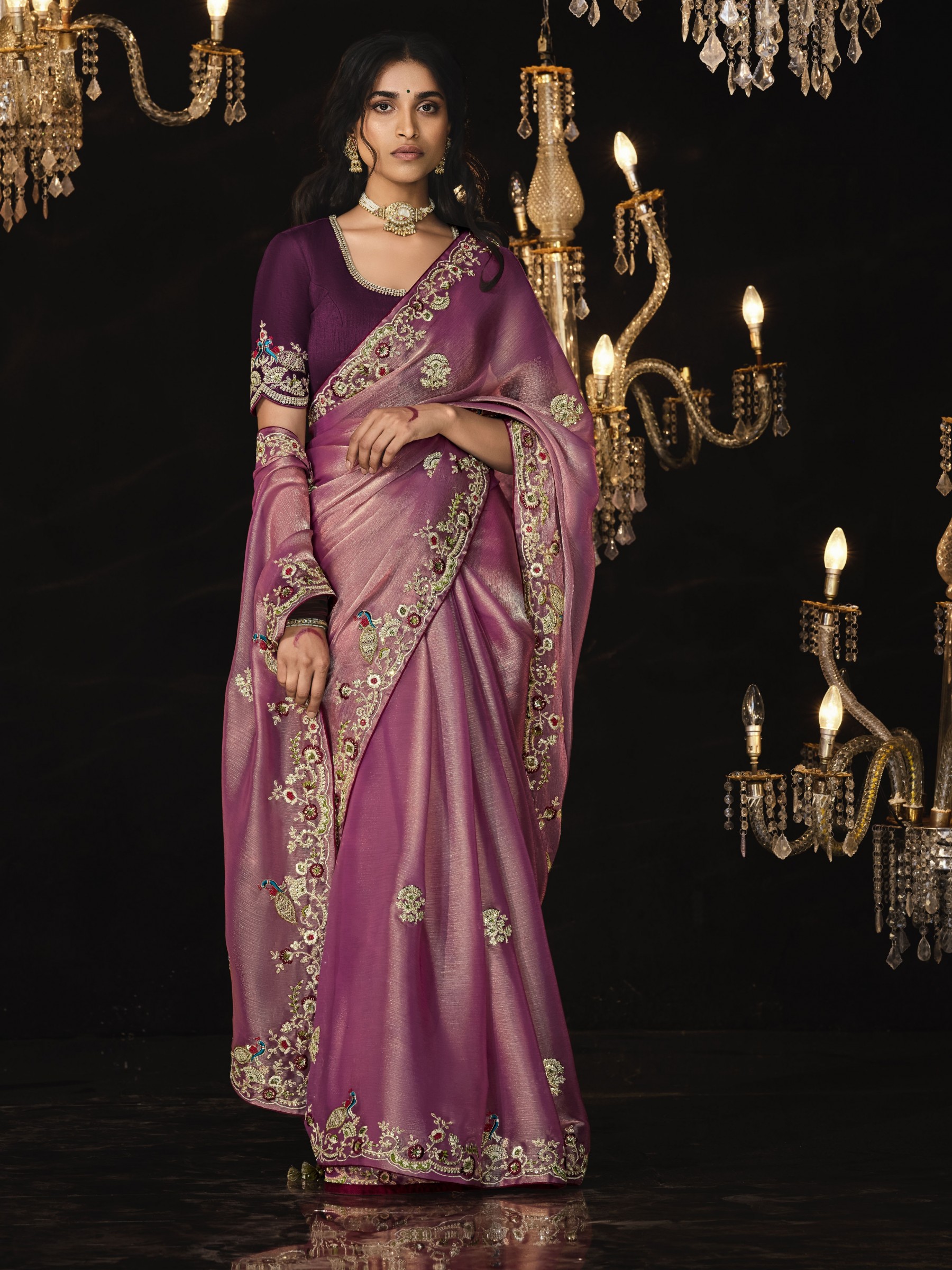 Fancy Silk  Party wear Saree Pink Color With Embroidery Work