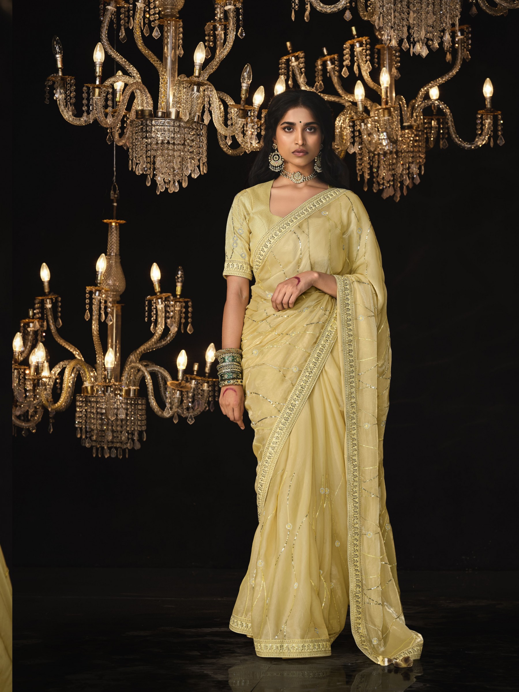 Fancy Silk  Party wear Saree Cream Color With Embroidery Work