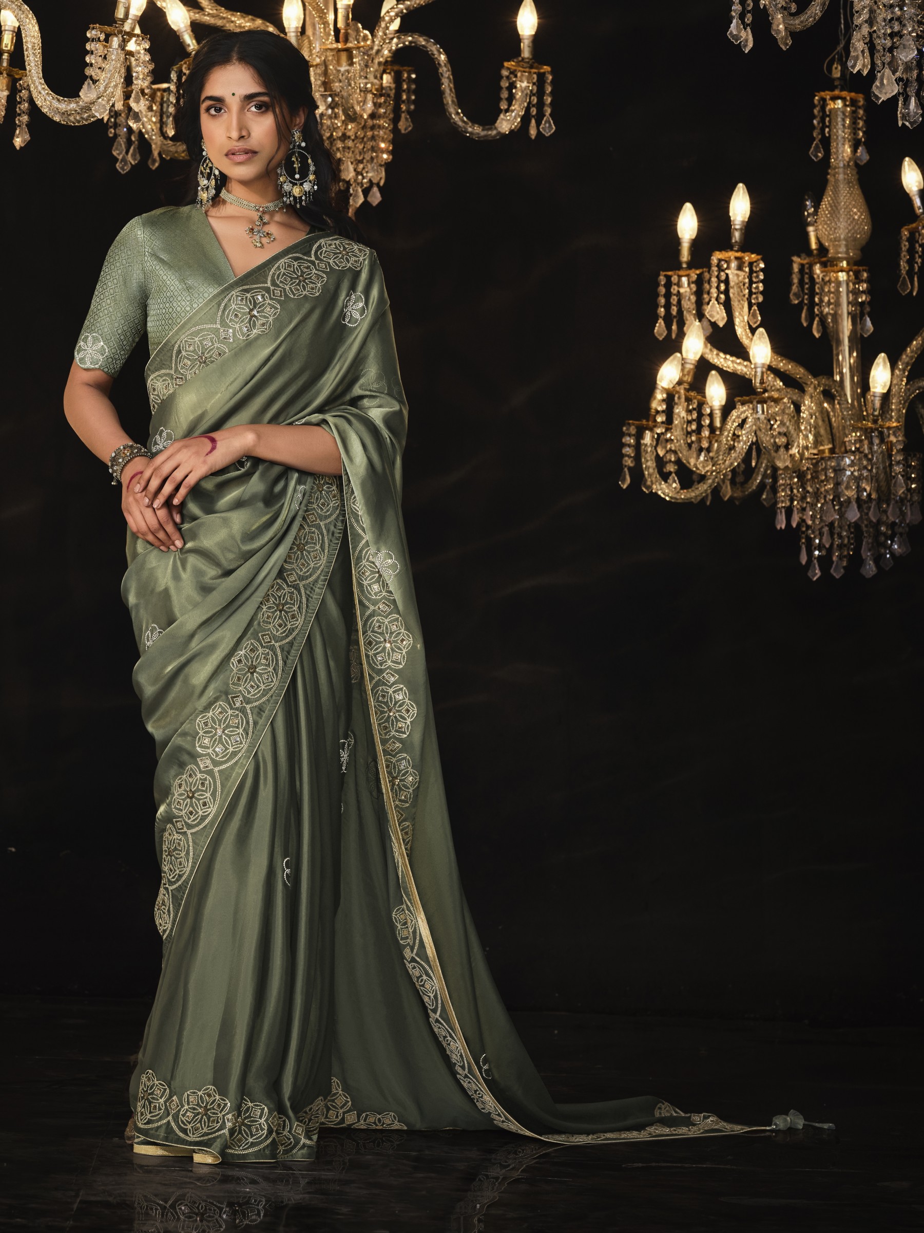 Fancy Silk  Party wear Saree  Green  Color With Embroidery Work